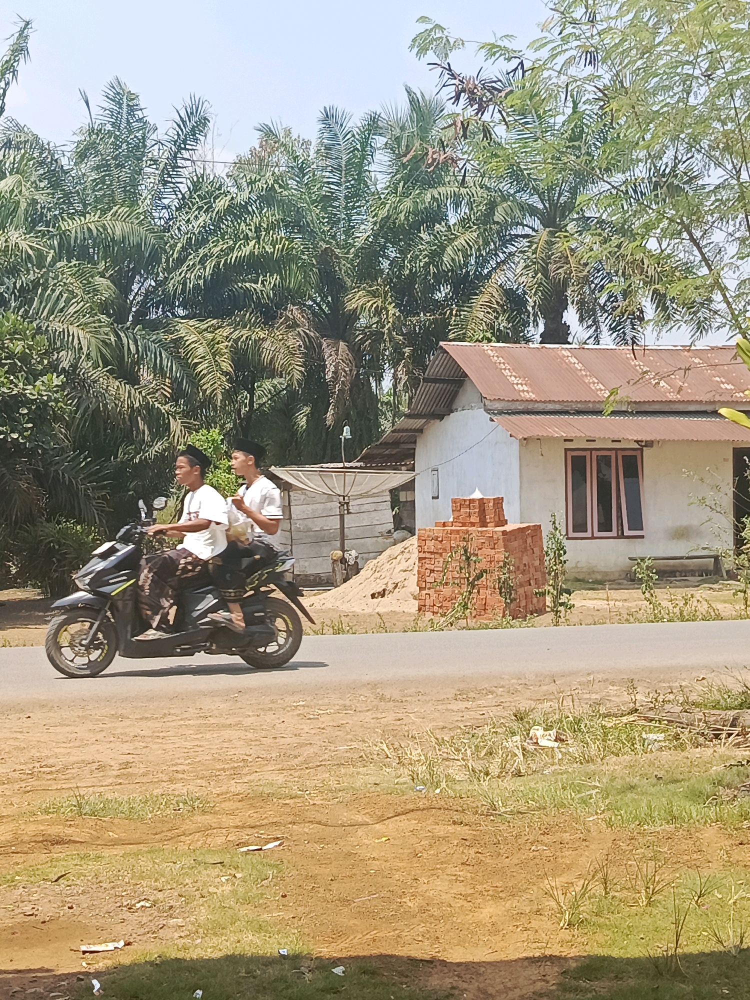 Two young males, appearing to be of Asian ethnicity and wearing traditional Muslim head coverings and white t-shirts, are riding on a black motorcycle. The male in front is operating the motorcycle and wearing patterned pants. The male in the rear is holding a plastic bag in his right hand. They are traveling on an asphalt road in what appears to be a rural or semi-rural setting.
Behind the road, there is a small, white building with a corrugated metal roof. A stack of red bricks is visible next to the building. Various trees, including palm trees, are abundant in the background. The ground on either side of the road is a mix of dry earth and sparse vegetation. The sky is clear and blue, indicating daylight.
The scene is consistent with a location in Megang Sakti I, Indonesia, characterized by its tropical climate, prevalent palm trees, and simple residential structures. The overall atmosphere is one of everyday life in a developing area.