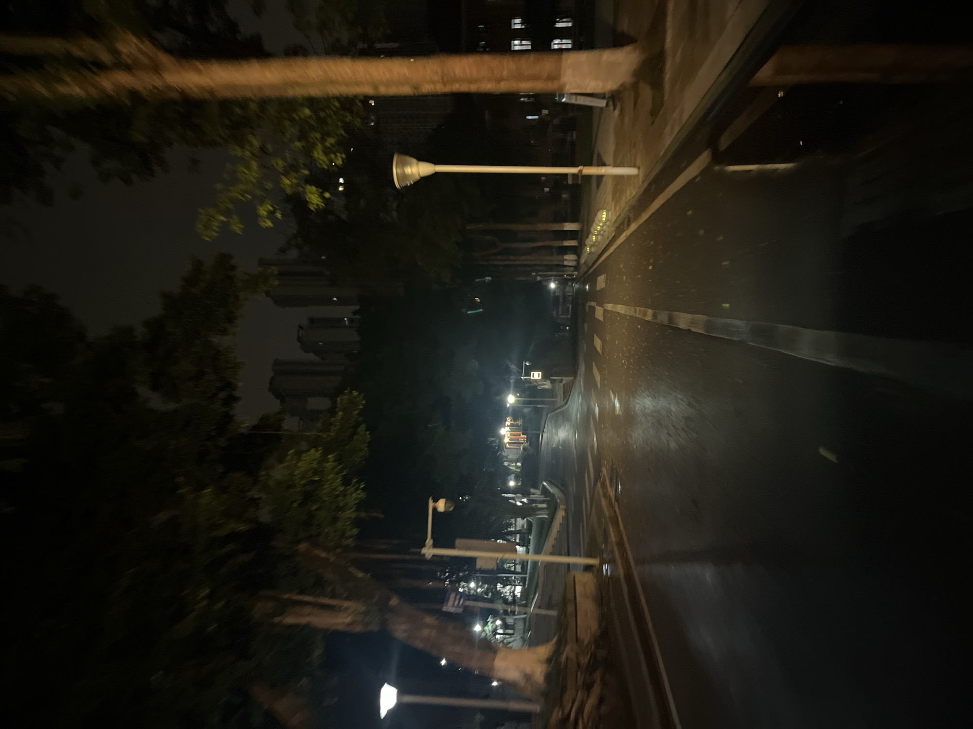 The image depicts a nighttime outdoor scene in Yuzhong District, China, characterized by a wet asphalt road, prominent trees, and artificial illumination. The road, which appears recently affected by rainfall, is dark and reflective, featuring a continuous white lane divider and a white-striped crosswalk on the left side. Scattered leaves are visible on the wet surface.
On the left side of the road, a modern white streetlight with a circular, flat luminaire emits bright white light. Adjacent to it, a large tree with a thick, light-colored trunk displays exposed roots and some aerial roots. Further left, a pole supports a spherical white security camera (CCTV) and an indistinct sign.
On the right side, a tall, beige-colored streetlight with a bell-shaped fixture illuminates the immediate foreground with a warmer light. A substantial tree with a light brown trunk, marked by a white band near its base, stands beside this streetlight. Along the right edge of the road, ground-level yellow reflectors or lights are embedded, separating the roadway from a sidewalk. A building with illuminated windows is partially visible on the far right.
In the distant background, multiple high-rise buildings are discernible as silhouettes against the dark, possibly overcast, night sky, with some internal lights visible. The scene is devoid of people or active movement, presenting a static urban or campus environment.