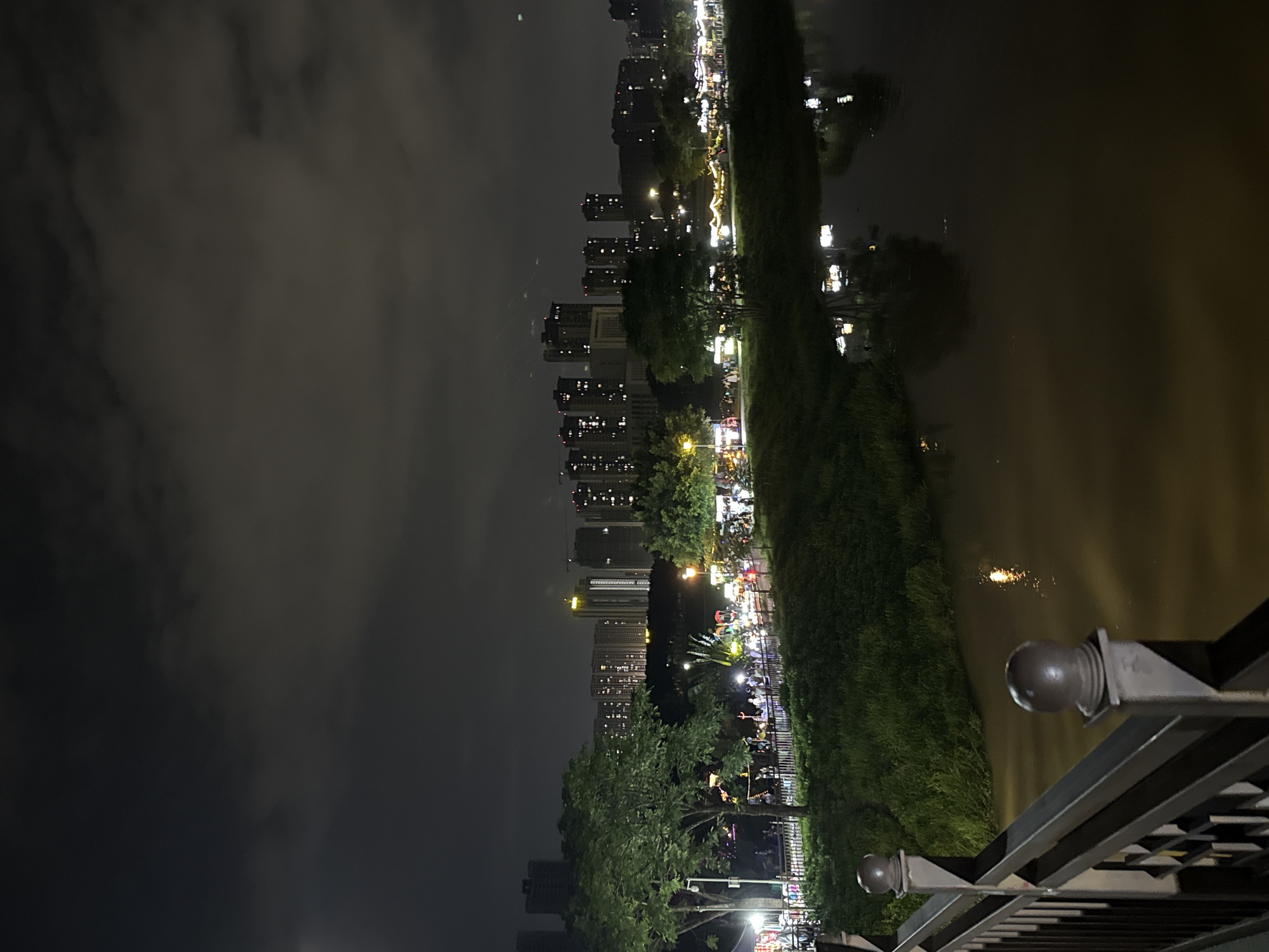 This is a nighttime photograph of a waterfront scene in Huizhou, China. The foreground features a dark metal railing with decorative spherical finials, suggesting a bridge or promenade. Beyond the railing, a grassy bank slopes down to a body of murky water. In the water, reflections of lights can be seen. On the grassy bank, there is a row of stalls or market stands illuminated by string lights, and a pathway with people walking and browsing. Further in the background, several trees with green foliage are visible, some with lights strung around them. Behind the trees, a skyline of tall, modern buildings with illuminated windows dominates the horizon. Construction cranes are also visible among the buildings, indicating ongoing development. The sky is dark and cloudy, with some lighter patches suggesting moonlight or city glow filtering through. The overall atmosphere is one of a lively evening gathering or market by the water in an urban setting.