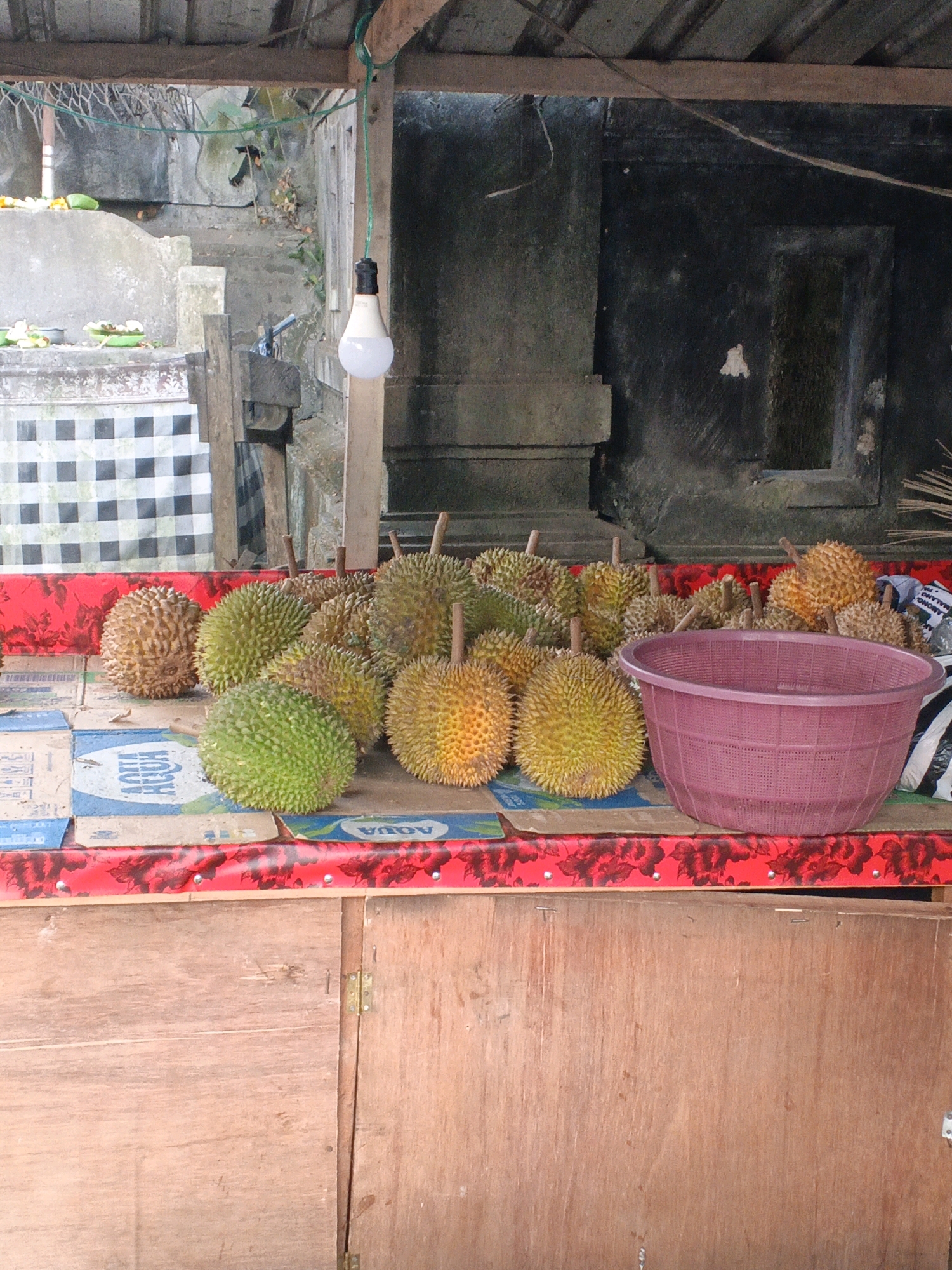 A low-angle, medium shot captures a fruit stand selling durian in Manggis, Indonesia. The stand is covered by a wooden roof supported by rough-hewn poles, with a single bare LED light bulb hanging from a green wire. In the background, a stone wall with a dark opening and decorative carvings suggests a traditional architectural style. The fruit stand itself is draped with a red cloth featuring a floral pattern. In the foreground, an assortment of durians, both green and yellow, are piled on top of blue and white cardboard boxes that display the brand "AQUA". To the right, a large, empty pink woven basket sits on the table. The scene is lit by natural light filtering from the left, casting subtle shadows and highlighting the textures of the fruit and the wooden structure. The overall impression is one of a humble, open-air market stall.