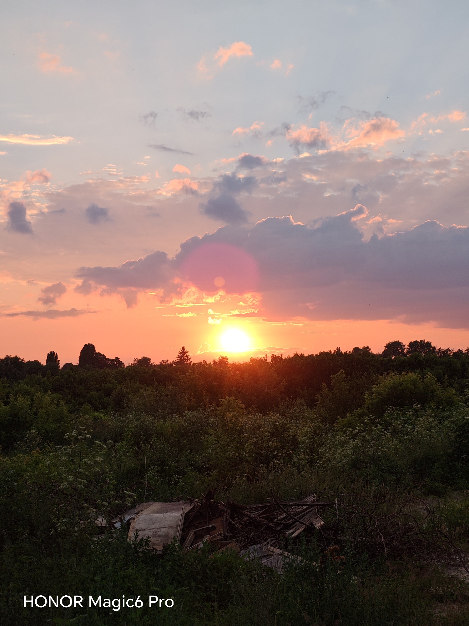The image depicts a sunset over a wooded area in Turbiv, Ukraine. The sky is filled with soft pink and orange hues, with scattered clouds tinged by the setting sun. The sun itself is a bright orb peeking through the trees on the horizon, casting a warm glow across the landscape. A faint lens flare is visible in the upper right portion of the sky.
The foreground is dominated by a dense canopy of green trees, with some lighter foliage and undergrowth visible closer to the ground. In the lower portion of the image, there is a pile of debris, including pieces of wood and what appears to be a dilapidated structure, partially obscured by overgrown vegetation. The overall mood is serene and natural, with a hint of desolation due to the discarded materials.
The time of day is clearly sunset, indicated by the low position of the sun and the warm, diffused light. The weather appears clear, with only scattered clouds. There are no people visible in the image.
The text "HONOR Magic6 Pro" is visible in the bottom left corner of the image, indicating it was taken with this device.