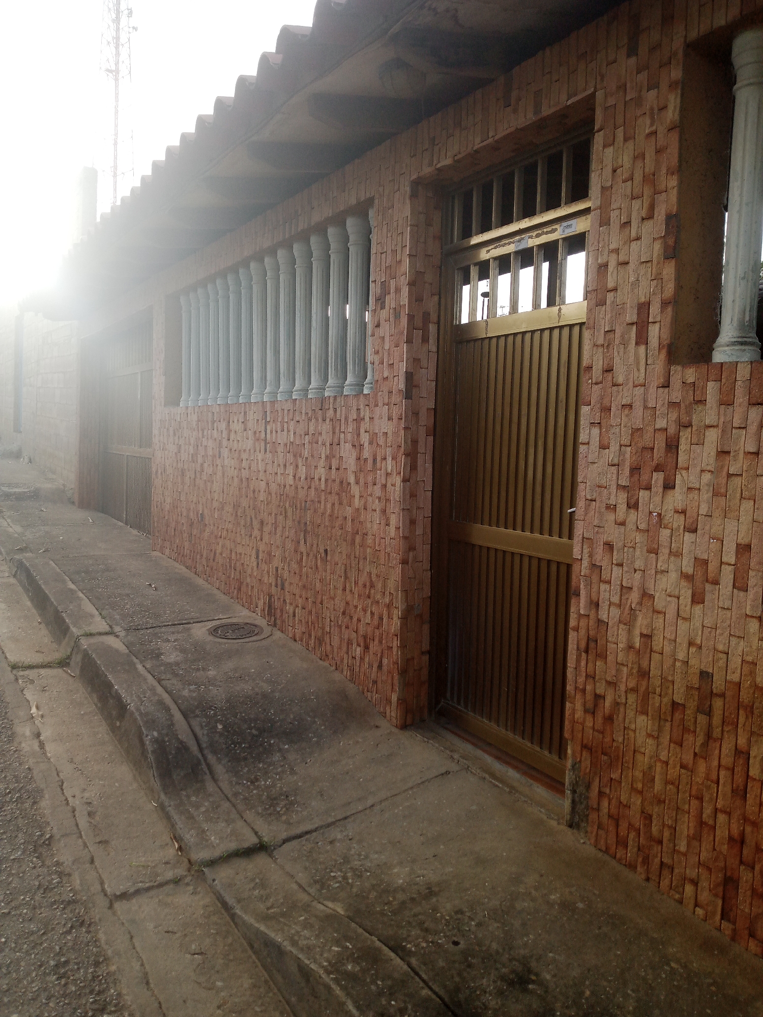 A golden metal gate is visible on the right side of the image, set within a brick wall. The wall is constructed with small, rectangular bricks of various reddish-brown hues, arranged in a vertical pattern. Above the gate, there is a horizontal structure with vertical bars. To the left of the gate, a colonnade of slender, white pillars runs along the building. These pillars support a roof with a corrugated surface. A sidewalk with a curb runs in front of the building. The sidewalk is made of concrete and shows signs of wear, with cracks and some discoloration. A manhole cover is present on the sidewalk. In the background, on the left side of the image, a tall radio tower is visible against a bright, hazy sky, suggesting it might be early morning or late afternoon, or possibly overcast conditions. The scene appears to be a street in the city of La Tagua, Venezuela.