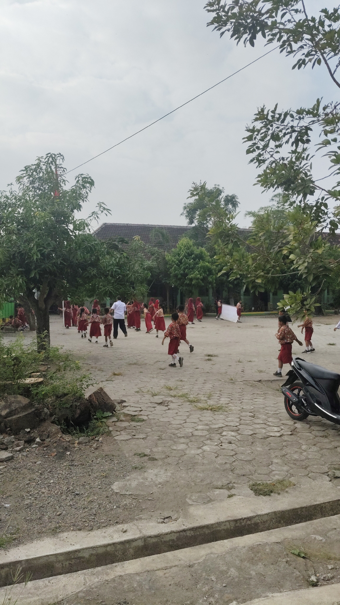 In Banjarsari, Indonesia, a group of young schoolchildren in maroon uniforms are engaged in an outdoor activity, possibly a dance or a drill, in what appears to be a schoolyard. A teacher, wearing a white shirt and dark pants, is directing them. Some children are in motion, running or performing synchronized movements, while others observe. A large white sheet or banner is held by some of the children. The school building, with its tiled roof, is visible in the background, surrounded by lush green trees. The ground is paved with hexagonal concrete blocks and there are patches of dirt and grass. A black scooter is parked on the right side of the image. The sky is overcast, suggesting it might be a cloudy day.