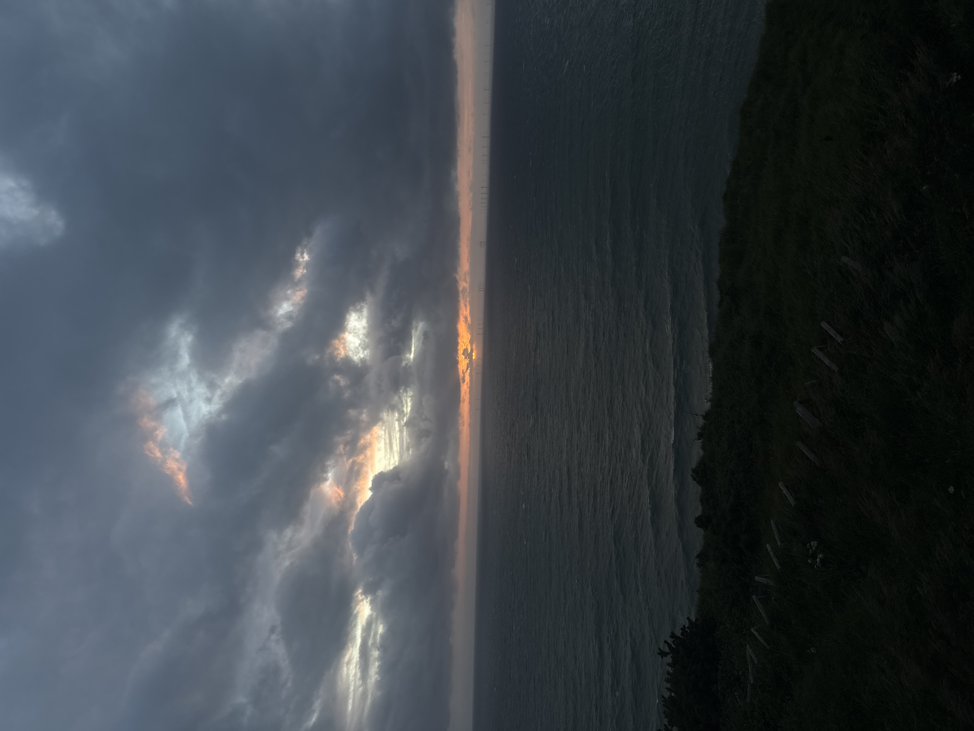 The image, rotated 90 degrees clockwise, depicts a dramatic coastal scene during either sunrise or sunset. The sky, occupying the upper portion, is heavily overcast with dark, voluminous storm clouds. Patches of warm, golden-orange and bright white light break through the clouds, particularly towards the horizon, illuminating their undersides and edges.
Below the cloud-filled sky, a distinct horizon line separates it from the vast, dark expanse of the ocean. The water appears choppy with visible ripples and waves. Along the horizon, a long line of offshore wind turbines is clearly silhouetted against the brighter light, indicating an offshore wind farm.
On the right side of the image, the dark, shadowy outline of land, likely a cliff or elevated coastline, is visible. It is covered in dense, dark green grass and some indistinct foliage. Within the grassy area, several elongated, light-colored objects appear to be wooden stakes or posts, possibly remnants of a fence or structure. No human activity or identifiable people are present.
The notable details include the striking contrast between the dark, heavy clouds and the intense, warm light from the low sun. The weather appears turbulent but beautiful. Given the location context of Fécamp, France, the offshore wind farm is a significant and recognizable feature. There is no visible text in the image.