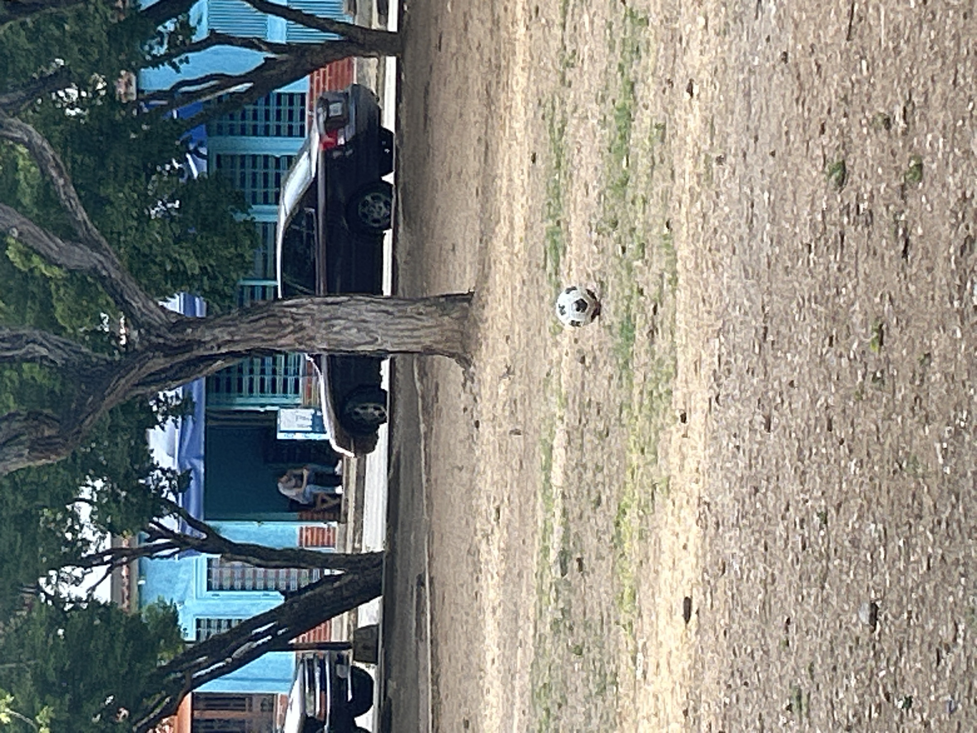 In the city of Santa Ana, Venezuela, a soccer ball rests on a patch of dry, dusty ground dotted with sparse green grass. Behind the ball, a dark sedan is parked on a paved surface. Further back, a light blue building with red trim serves as a backdrop. A person, visible in the distance, sits on a chair outside the building. The scene is framed by the trunks and branches of several trees, their leaves creating a dappled canopy.