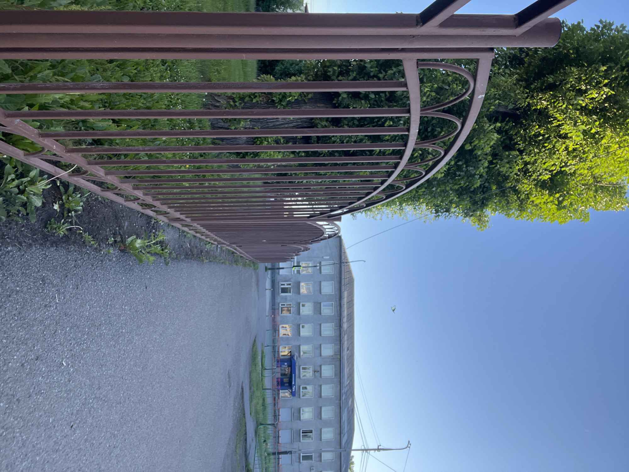 The image shows a long, grey, multi-story building with numerous windows, characteristic of Soviet-era architecture. The building appears to be a residential or administrative block. It is situated adjacent to a paved pathway or road. A brown metal fence with a curved decorative top runs along the edge of the pathway, separating it from an area with green vegetation and trees. The trees are lush and vibrant, suggesting it is daytime in a temperate season. The sky is a clear, bright blue, indicating fair weather. One small, yellow kite can be seen flying in the sky near the top of the building. The overall scene depicts a quiet urban or suburban environment in Kiselyovsk, Russia, likely during the afternoon given the bright sunlight. There is some visible text above the entrance of the building, in blue lettering, but it is not clearly legible.
