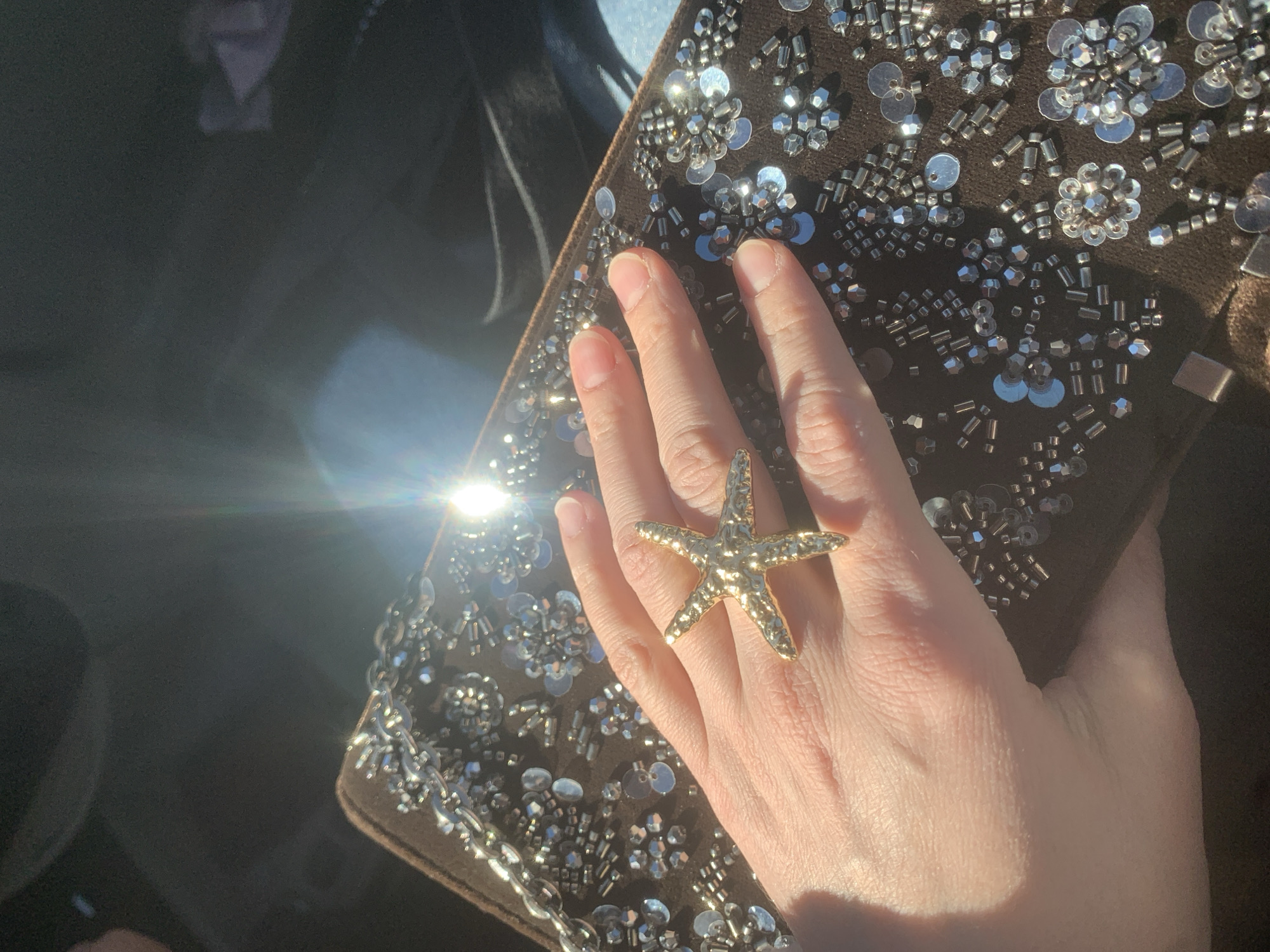 A hand wearing a gold starfish ring rests on a brown clutch bag embellished with silver beads and sequins. The image is taken in bright sunlight, creating a glare. The background is dark and indistinct, possibly the interior of a car. There is no information to suggest the location is Izhevsk, Russia.