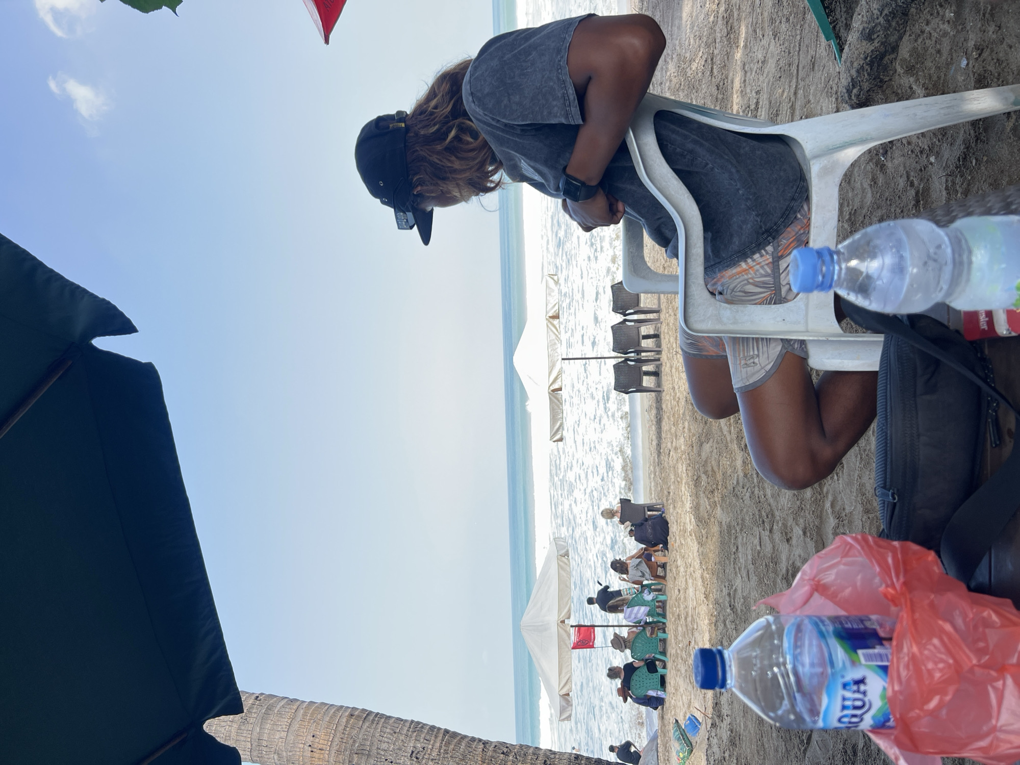 An outdoor, eye-level, medium shot captures a person from the shoulders down, seated on a white plastic chair facing right and looking out at the ocean. The individual wears a dark grey t-shirt and patterned shorts, with a black baseball cap on their head. To the left of the frame, a bottle of Aqua brand water sits in a red plastic bag on the sand, with another water bottle partially visible in the foreground. The sandy beach is dotted with people sitting on chairs and under umbrellas in the middle ground, with the ocean waves crashing in the background. A palm tree is visible on the far left. The scene appears to be in Kuta, Indonesia, a popular beach destination.