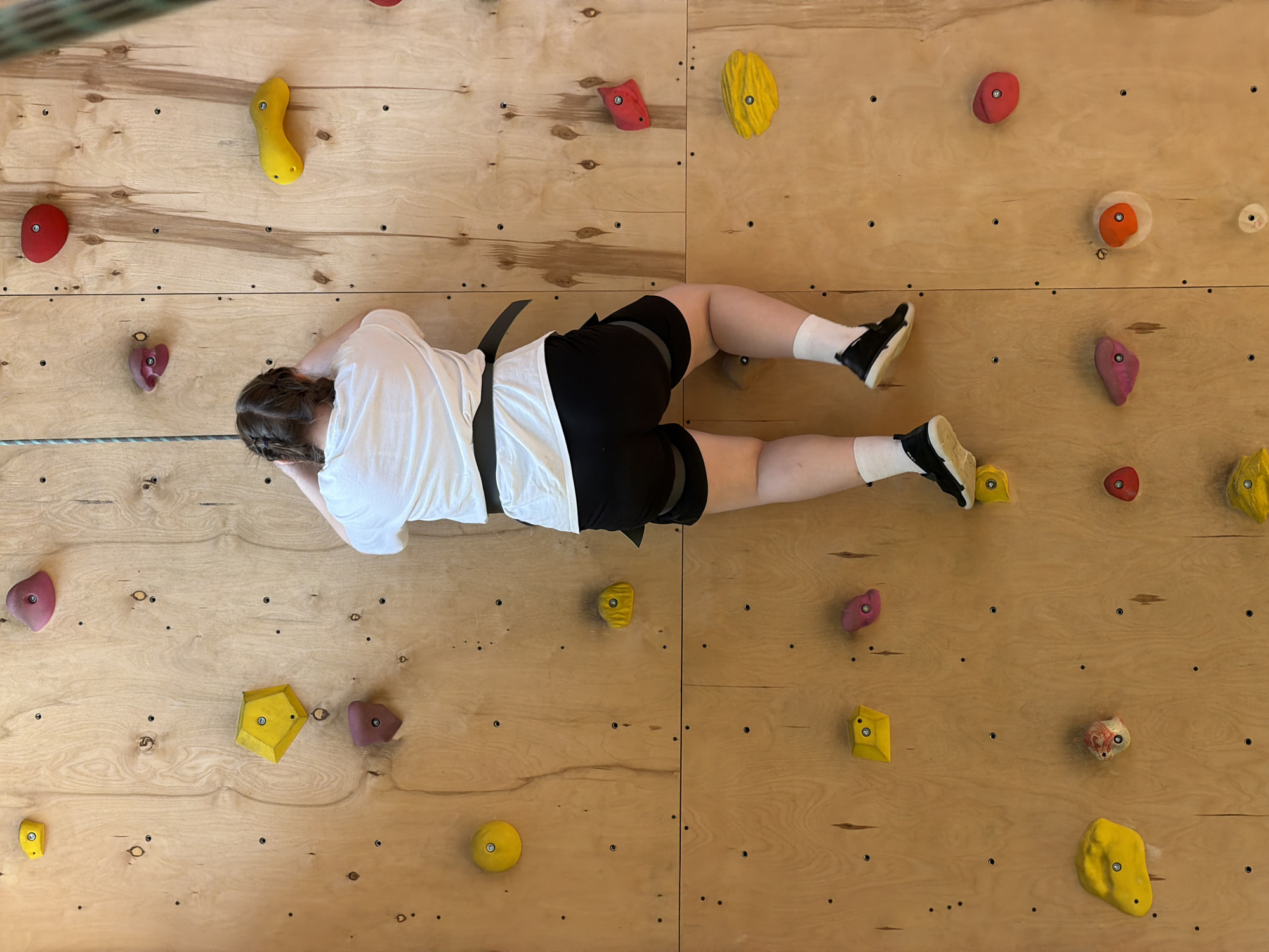 An individual is depicted climbing horizontally on an indoor climbing wall in Izhevsk, Russia. The person, viewed from a top-down perspective, wears a white t-shirt, black shorts, black sneakers with white socks, and a black safety harness around their waist and legs. Their dark hair is braided and visible near their head, which is turned towards the left of the frame. A safety rope, also black, is attached to the harness and extends towards the left edge of the image.
The climbing wall is constructed from light-toned wooden panels, arranged vertically, showing natural wood grain and knots. Numerous colorful climbing holds are bolted onto the wall, appearing in various shapes and sizes, and colors including red, yellow, orange, and purple/pink. Small black bolts securing the holds are visible across the wall panels. The person's body is stretched across the wall, with their head positioned towards the left and their feet towards the right, suggesting a traversing or bouldering movement. No specific emotions are discernible as the person's face is not visible. There is no visible text in the image.
