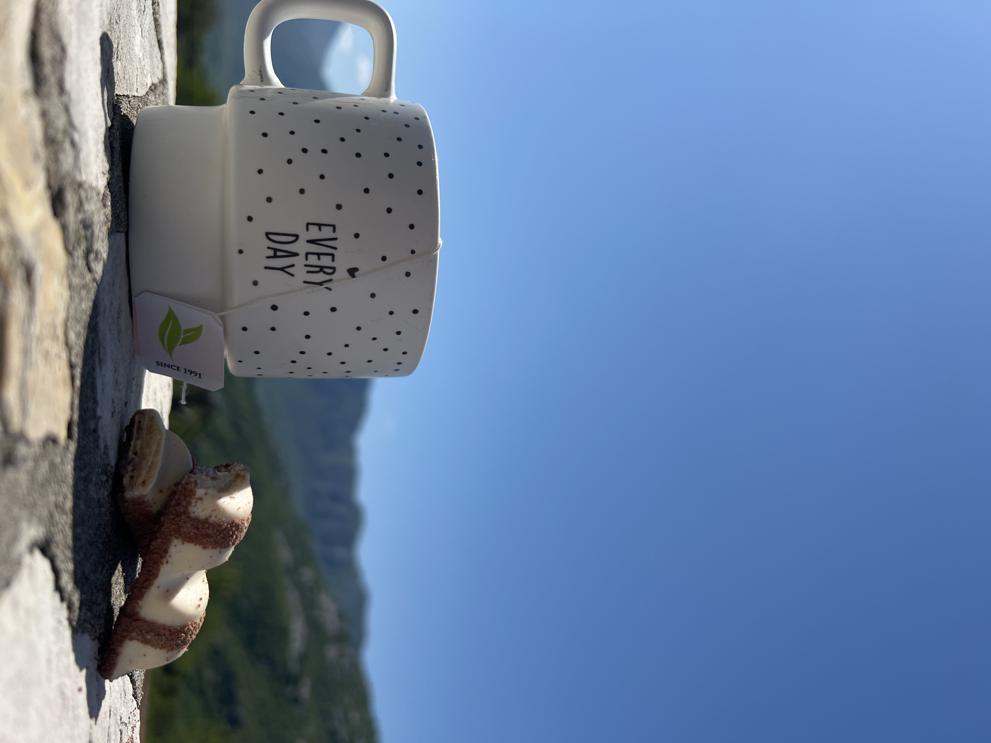 A tilted, outdoor photograph taken in Sotonići, Montenegro, depicts a white mug with black polka dots and the words "EVERY DAY" printed on it, accompanied by a partially eaten white chocolate pastry. A green teabag hangs from the mug. These items sit on a stone surface, likely a wall. In the background, there is a blurred view of mountainous terrain and a clear blue sky.