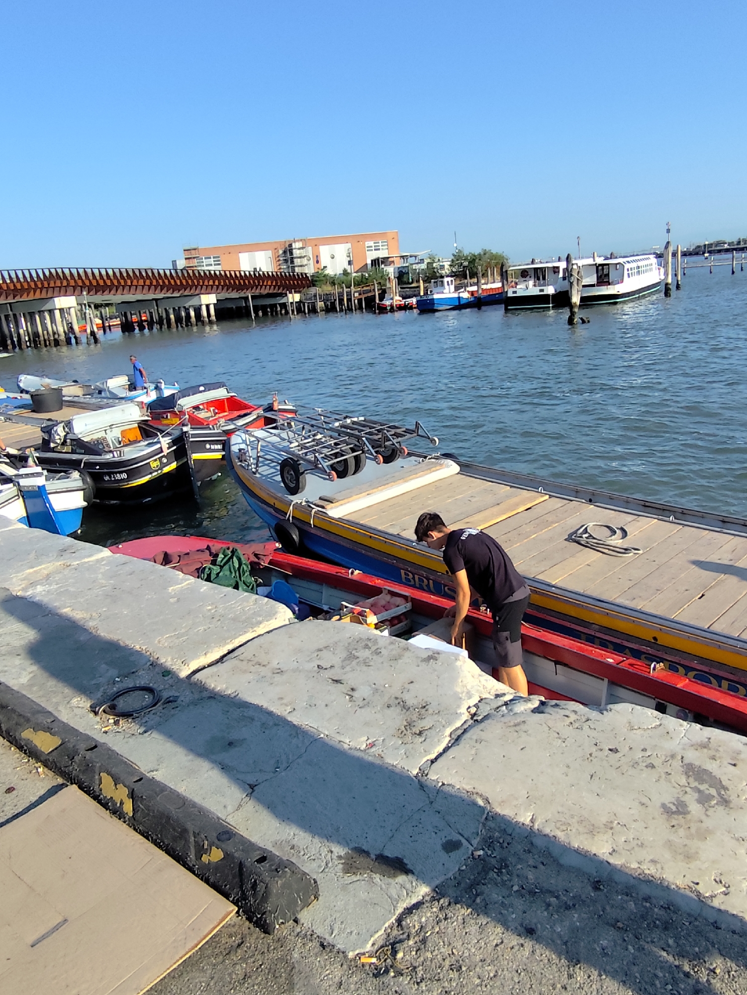 A man in a black t-shirt and shorts is working on a boat docked at a waterfront in Venice, Italy. The boat, which is red, yellow, and blue, has the name "BRUS" painted on its side. Several other boats are moored nearby, including a larger white passenger ferry in the background. A modern pedestrian bridge with a distinctive wavy design spans the water in the distance, leading to a contemporary building complex. The scene is bathed in bright sunlight under a clear blue sky, suggesting a warm day. The waterfront itself is made of concrete, with a dark bumper along the edge. There are various items, including ropes and crates, on the boats and the dock.