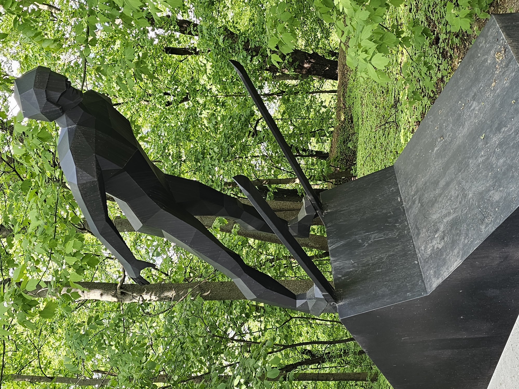 A low-angle, medium shot shows a black, geometric-shaped statue of a skier against a backdrop of lush green foliage and trees. The statue is constructed from intersecting planes, giving it a polygonal, almost faceted appearance. The skier is posed mid-jump, leaning forward with one arm extended and the other back. The skier's skis are represented as simple, straight lines extending from the feet. The statue is mounted on a dark base, also composed of angular planes. The background is filled with vibrant green leaves and trees, with dappled sunlight filtering through the canopy.
Based on visual research, this appears to be a statue of a skier, located in the Vorobyovy Gory (Sparrow Hills) area of Moscow, Russia. The specific artist and date of creation would require further research.