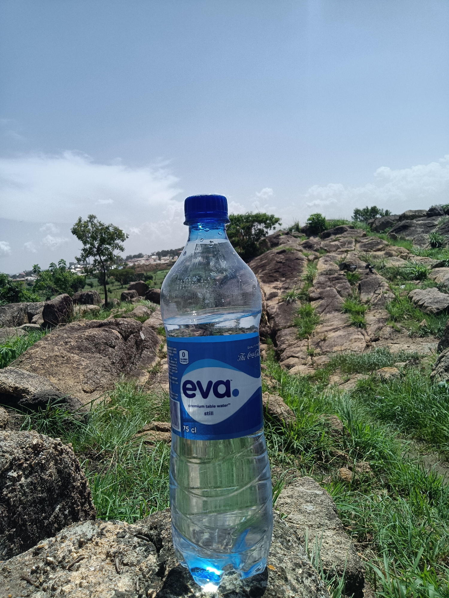 A partially-filled 75 cl bottle of Eva Still premium table water is positioned on a large, dark, textured rock. The label is predominantly blue and white with the "eva." logo. The bottle has a blue cap. The background consists of a rocky landscape with patches of green grass and some vegetation. In the mid-ground, there is a small tree to the left and a distant view of buildings. The sky is overcast with scattered clouds. This appears to be a natural area, likely a rocky hill or outcrop. The location is likely Du, Nigeria, as specified in the prompt.