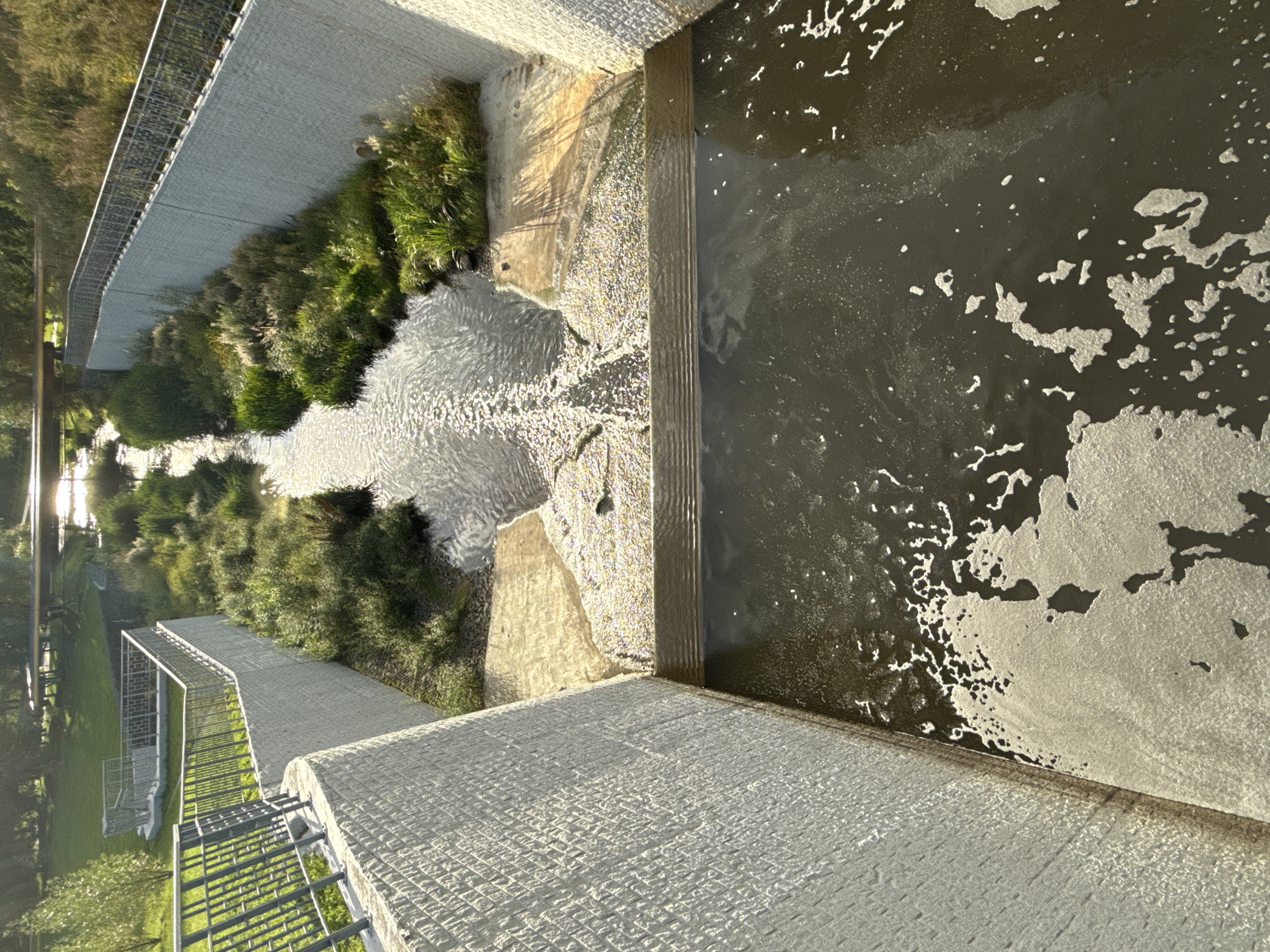 An aerial view looks down a narrow, man-made channel with concrete walls and a metal railing along the top of the right wall. Vegetation, including tall grasses and shrubs, grows along the edges of the channel. The channel narrows and then widens into a darker pool of water at the bottom of the frame. A small waterfall cascades from the upper channel into the lower pool. The water in the upper channel is lighter and reflects sunlight, while the water in the lower pool is dark and has patches of white foam. The scene appears to be an urban park or recreational area.