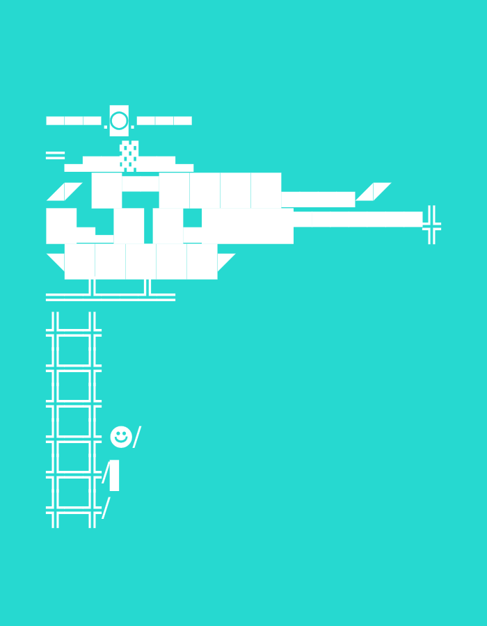 The image displays an abstract, blocky illustration against a vibrant teal background. The primary subject is a white helicopter-like shape, composed of various geometric forms including rectangles, squares, and triangles, resembling pixel art. The helicopter features a main rotor assembly at the top, indicated by a circular shape with horizontal bars and vertical dashed lines, suggesting motion. It has a visible cockpit area, a fuselage, landing skids beneath, and a tail boom extending to a tail rotor, depicted as a cross shape.
Below and to the left of the helicopter, there is a vertical ladder-like structure made of white horizontal and vertical lines forming a grid of squares. Adjacent to this structure, a simple white smiley face emoticon ":)" is visible, followed by the number "1" and a forward slash "/".
The scene is static, depicting no active event beyond the arrangement of these graphic elements. The color palette is limited to a striking teal background and pure white for all outlined and filled shapes, contributing to a minimalist and graphic design aesthetic. There are no notable details regarding time of day, weather, or explicit emotions, other than the smiley face emoticon. While the location context of Dunavtsi, Bulgaria, is provided, the image itself offers no visual cues to confirm or suggest this specific geographical setting, being purely abstract in nature.