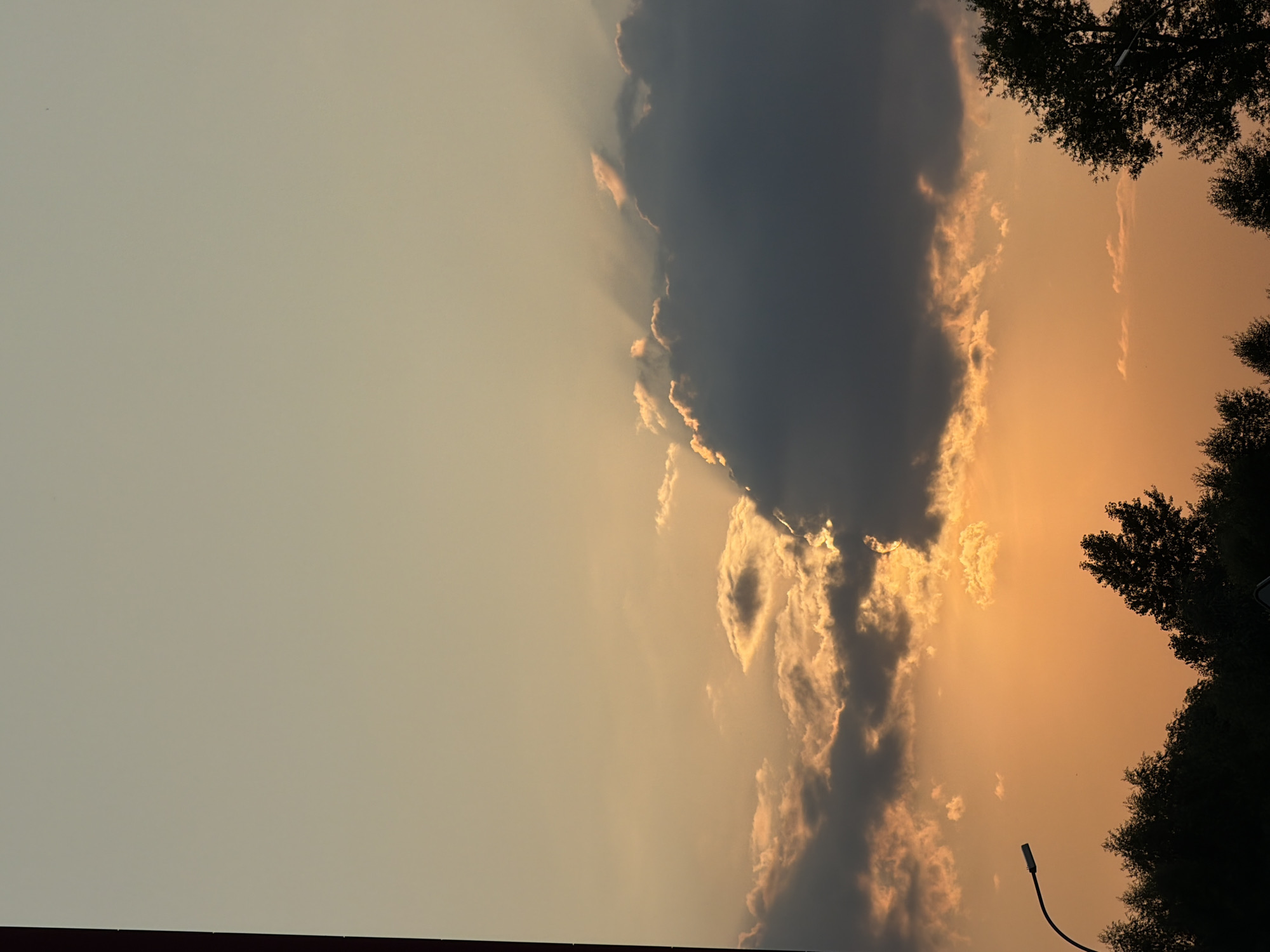 This is a vertical, medium-shot photograph of a sunset over a silhouetted treeline. The sky is a gradient of soft yellow and orange, with large, dark clouds obscuring parts of the setting sun. Beams of light break through the clouds, creating a dramatic effect. A lamppost with a curved arm is visible on the left side of the image, silhouetted against the sky. The treeline, also silhouetted, runs across the bottom of the frame, with several distinct trees visible, including a large one on the right. The image appears to have been taken from a street-level perspective.