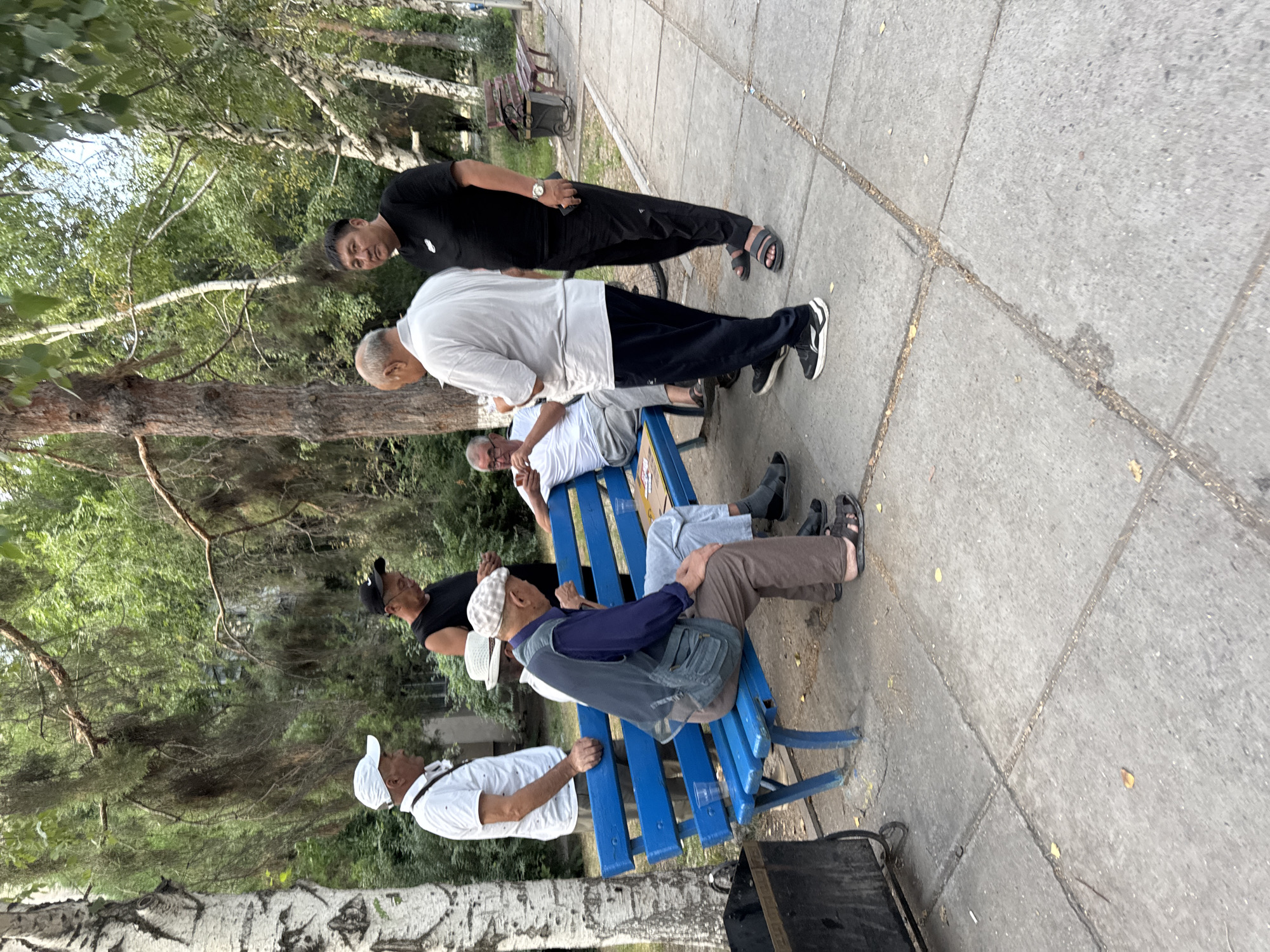 Six men are gathered in a park-like setting, likely in Kara-Balta, Kyrgyzstan, with one man standing and five others seated or interacting on a blue park bench. The man on the left, wearing a white shirt and white cap, stands with his hands on the bench. To his right, a man in a black sleeveless shirt and black cap is also standing. Five men are positioned around a blue bench. One man in a grey shirt and glasses is seated on the bench, facing left, holding a cup. Next to him, a man in a blue vest and checkered cap is seated, looking down. Another man in a white shirt is seated to the right of the man in the vest, also appearing to hold a cup. A man in a grey shirt is standing over the seated men. The man on the far right is wearing a black t-shirt and black pants, standing and looking towards the camera. The environment features trees with dense foliage, a concrete sidewalk, and a visible trash receptacle. The ground is a light-colored concrete walkway with visible seams. A park bench further in the background is also visible.