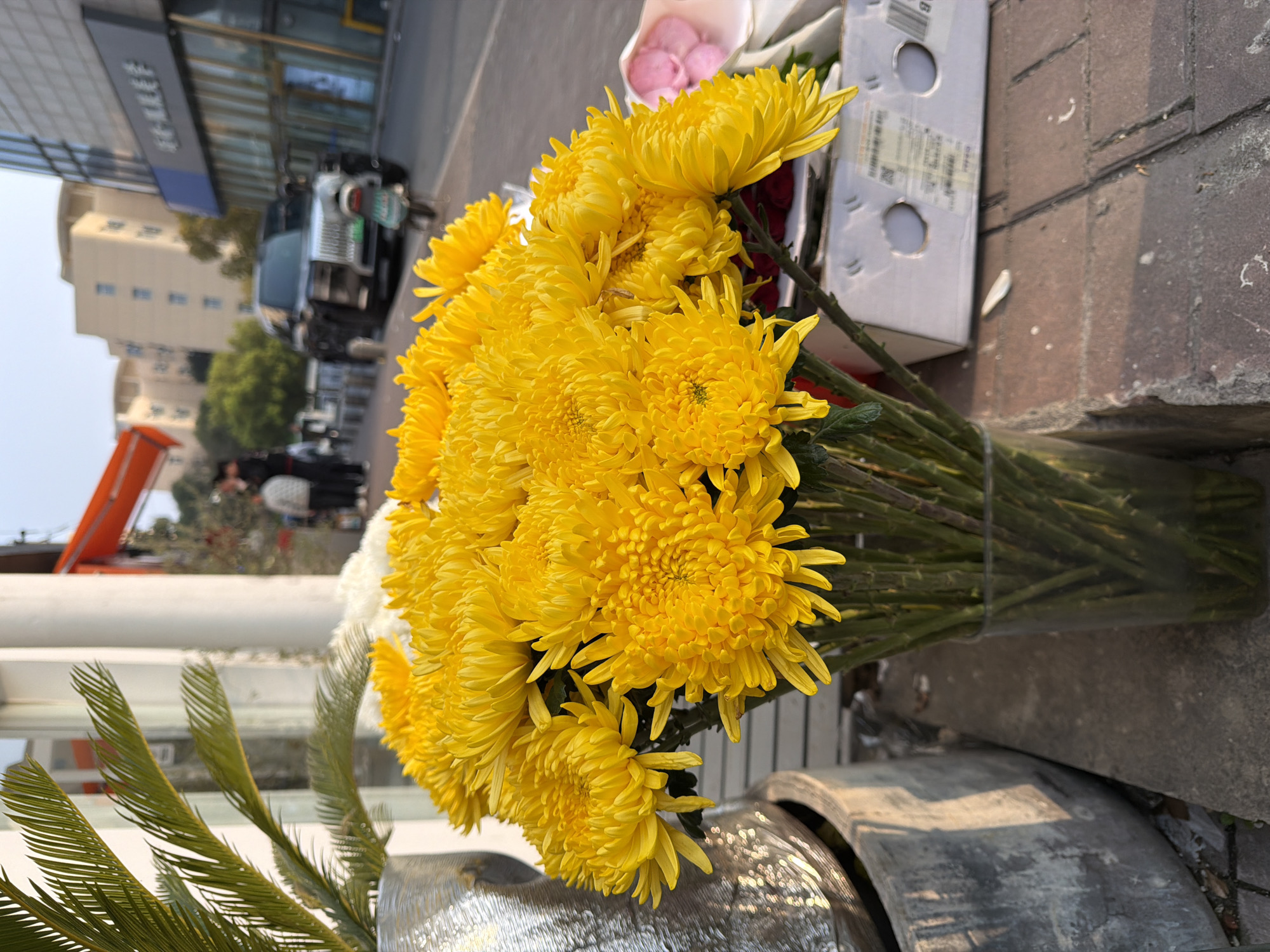 A bouquet of yellow chrysanthemums is prominently displayed outdoors, likely at a flower stall or shop in Jiangning District, China. The flowers are arranged in a clear vase, with their green stems clearly visible. A white box with writing and circular cutouts is behind the flowers. Part of a vehicle is visible in the background, including a hood and a license plate. A sign is also seen in the background. Parts of a building including an orange crane are also seen. The bouquet sits on a concrete ledge with metal decorations. Part of a palm plant is also visible.