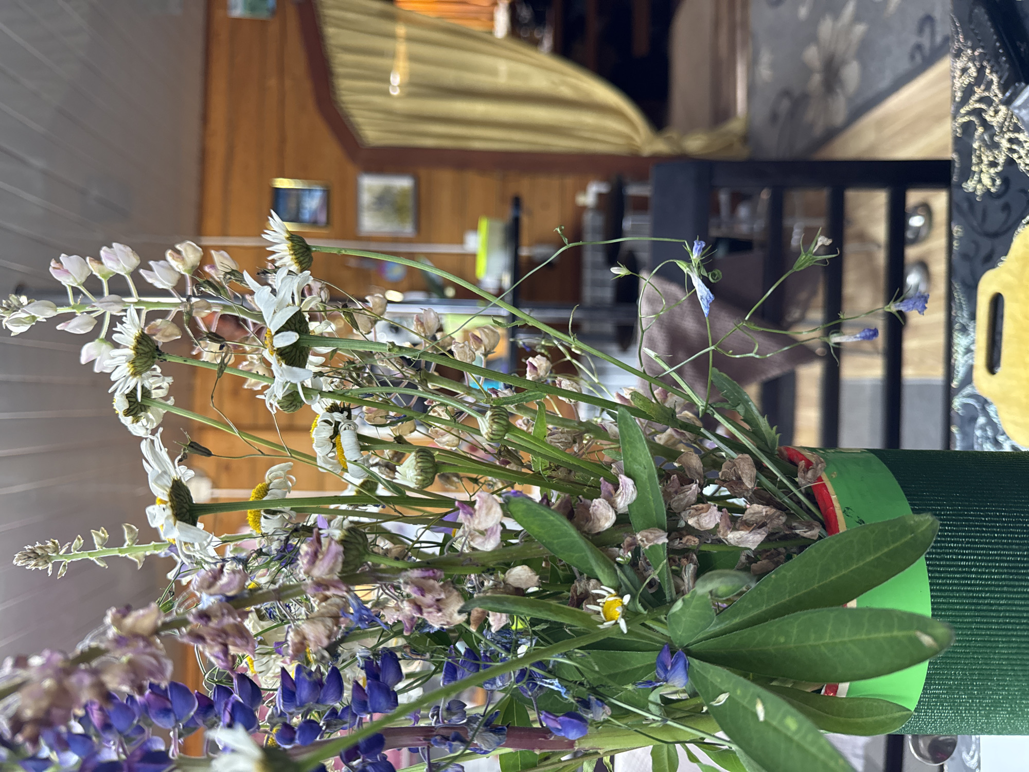 A vertical, close-up shot shows a bouquet of wildflowers in a green vase. The bouquet contains various flowers, including white daisies with yellow centers, purple lupine, and delicate purple and pink wildflowers with dried seed pods. The flowers are arranged densely, with green stems and leaves interspersed throughout. Some of the flowers appear wilted, suggesting the bouquet is not freshly picked.
The background is out of focus, but provides context. A wooden paneled wall is visible, with two framed pictures hanging on it. To the right, a dark wooden chair is partially visible, and beyond that, a glimpse of what appears to be a living room with furniture and possibly a window with curtains. The overall impression is of a cozy indoor setting, perhaps a home in a rural location, consistent with the provided location context of Старое Михайловское, Russia. The lighting suggests it could be daytime, with natural light entering from an unseen source. No specific activities or events are depicted, and no emotions are conveyed. There is no visible text in the image.