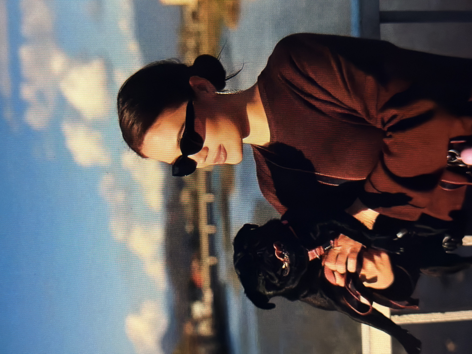 A woman with dark hair pulled back in a bun, wearing sunglasses and a maroon sweater, holds a black pug in her arms. The pug has its tongue out and is wearing a collar. The woman is on a bridge, with a body of water and buildings in the background. The sky is blue with some clouds. The image appears to be taken on a sunny day. The location is the city of Sirius, Russia.