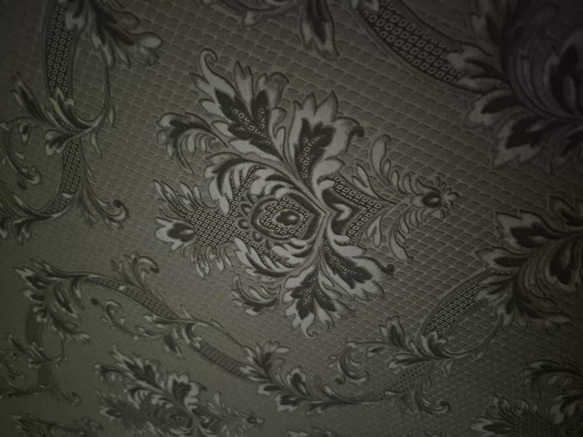 The image is a close-up of a dark, textured wallpaper with a damask pattern. The pattern consists of large, ornate floral motifs in a lighter shade, set against a background with a subtle diamond-shaped texture. The lighting in the image creates shadows that accentuate the raised relief of the pattern. The overall color palette is muted, with shades of gray and dark brown. There are no people or specific objects visible, and the environment appears to be an interior space with this wallpaper as a decorative element. The location is unknown.