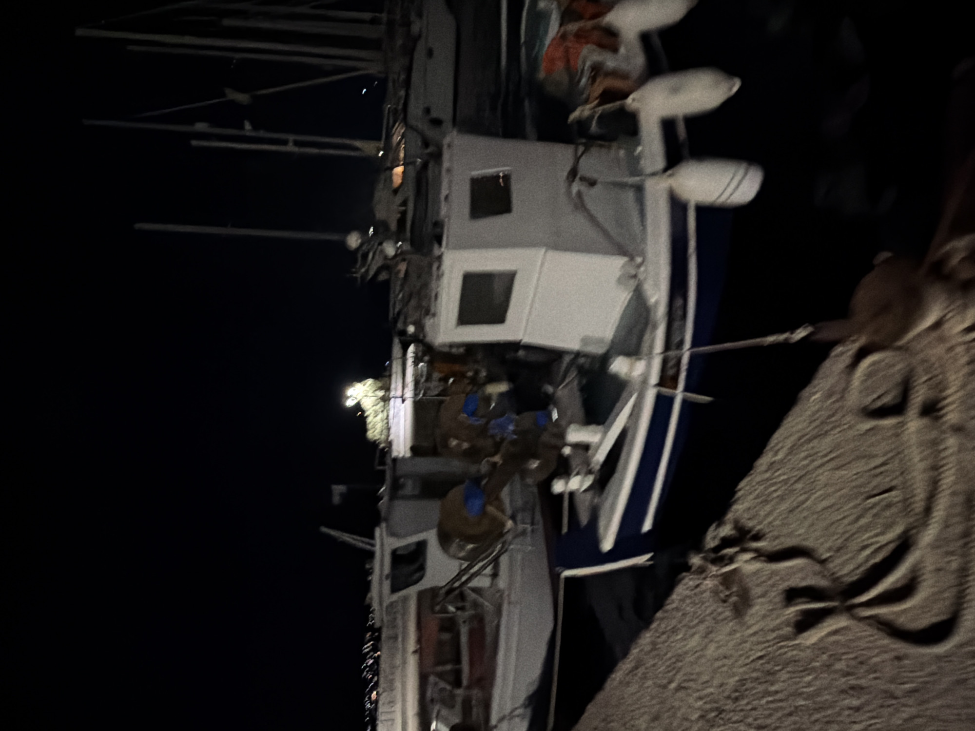 At night in the Municipal Unit of Palairos, Greece, a harbor scene is captured. In the foreground, a textured, sandy or rocky embankment occupies the lower left portion of the frame, with a rope coiled on its surface. Adjacent to the embankment, a small, white boat with blue trim is moored. This boat has two white fenders hanging from its side. Further back, a larger white fishing boat is docked, featuring various equipment, including what appear to be fishing nets and a winch. In the background, the dark water of the harbor is visible, reflecting some of the lights from the shore and the boats. Several masts of sailboats are also visible against the night sky, suggesting a shared marina. The overall impression is of a quiet, still night in a coastal town.