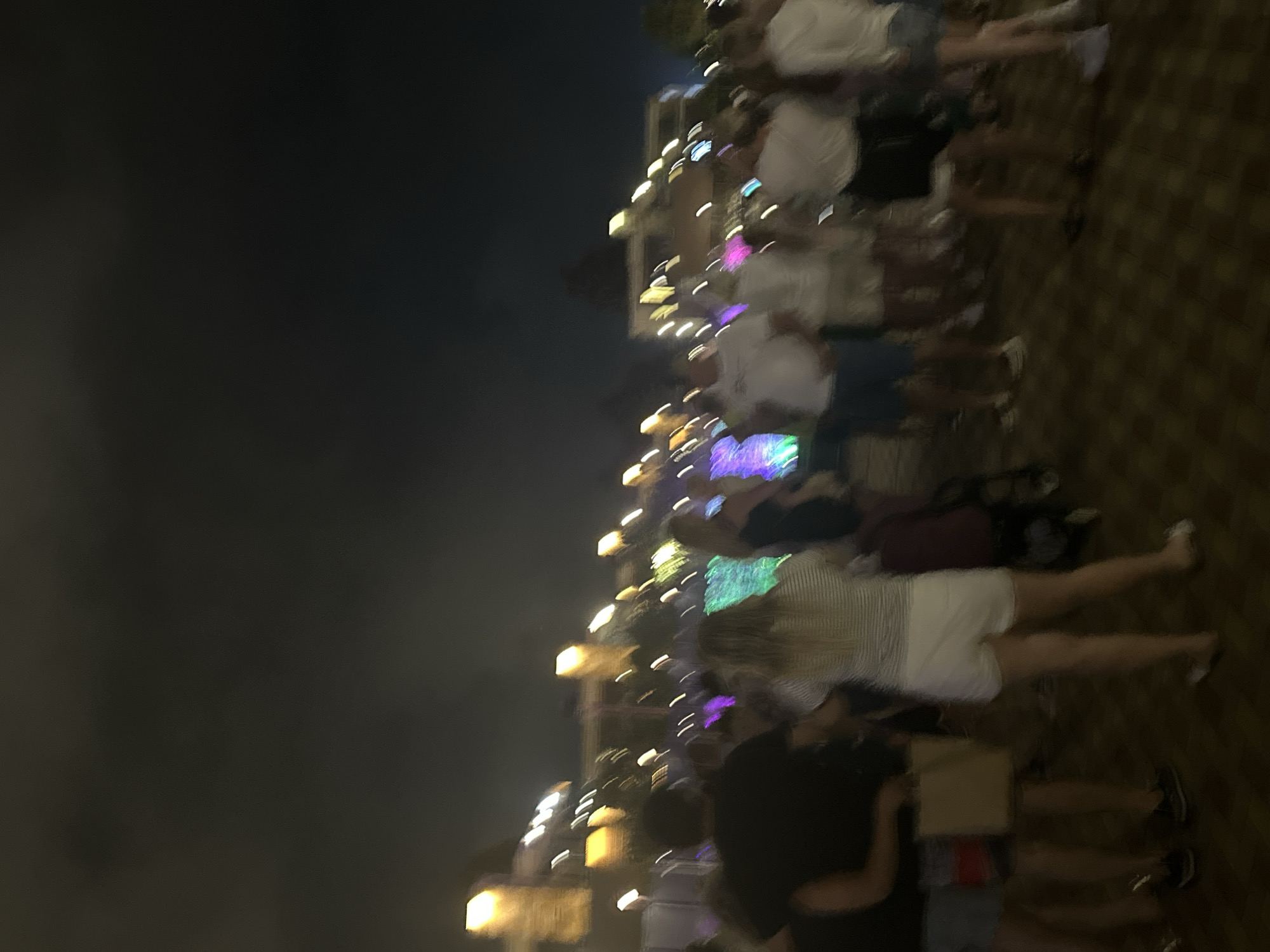The image depicts a nighttime scene with a crowd of people standing in front of illuminated buildings and what appears to be a water feature with colored lights. The lighting is dim, and the image is blurry, suggesting motion or low light conditions. Several individuals are visible, some facing away from the camera, while others are partially visible. The overall atmosphere suggests an outdoor event or gathering. The location in the city of Sirius, Russia, is not discernible from the visual information provided in the image.