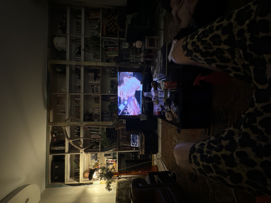 This image depicts a dimly lit living room in Vincennes, France, viewed from a seated position. In the immediate foreground, the observer's legs are visible, clad in leopard-print patterned sleepwear.
A black flat-screen television is centrally positioned, displaying a brightly lit close-up of a man's face, appearing to kiss or be in intimate proximity with another person, whose features are less distinct. Below the television, a black rectangular coffee table is cluttered with various objects including a clear glass bottle containing liquid, a red aluminum beverage can, a red plastic spray bottle, a remote control, and other miscellaneous items.
To the left of the television, an open laptop computer with illuminated screen displaying data or code rests on a dark stand. An upholstered dark leather armchair is partially visible on the far left. The floor is covered by a patterned rug. On the far right, partially visible bare legs and a torso suggest the presence of a second individual seated adjacent to the primary observer.
The background is dominated by a large, wall-mounted bookshelf unit, segmented into multiple compartments. These shelves contain a dense collection of books, interspersed with various decorative items such as a prominent set of antlers, potted plants, storage boxes, a small white drum, a doll, framed pictures, and an urn. Illumination primarily emanates from the television screen and a small lamp situated on a shelf on the far left, creating a low-light environment throughout the room.