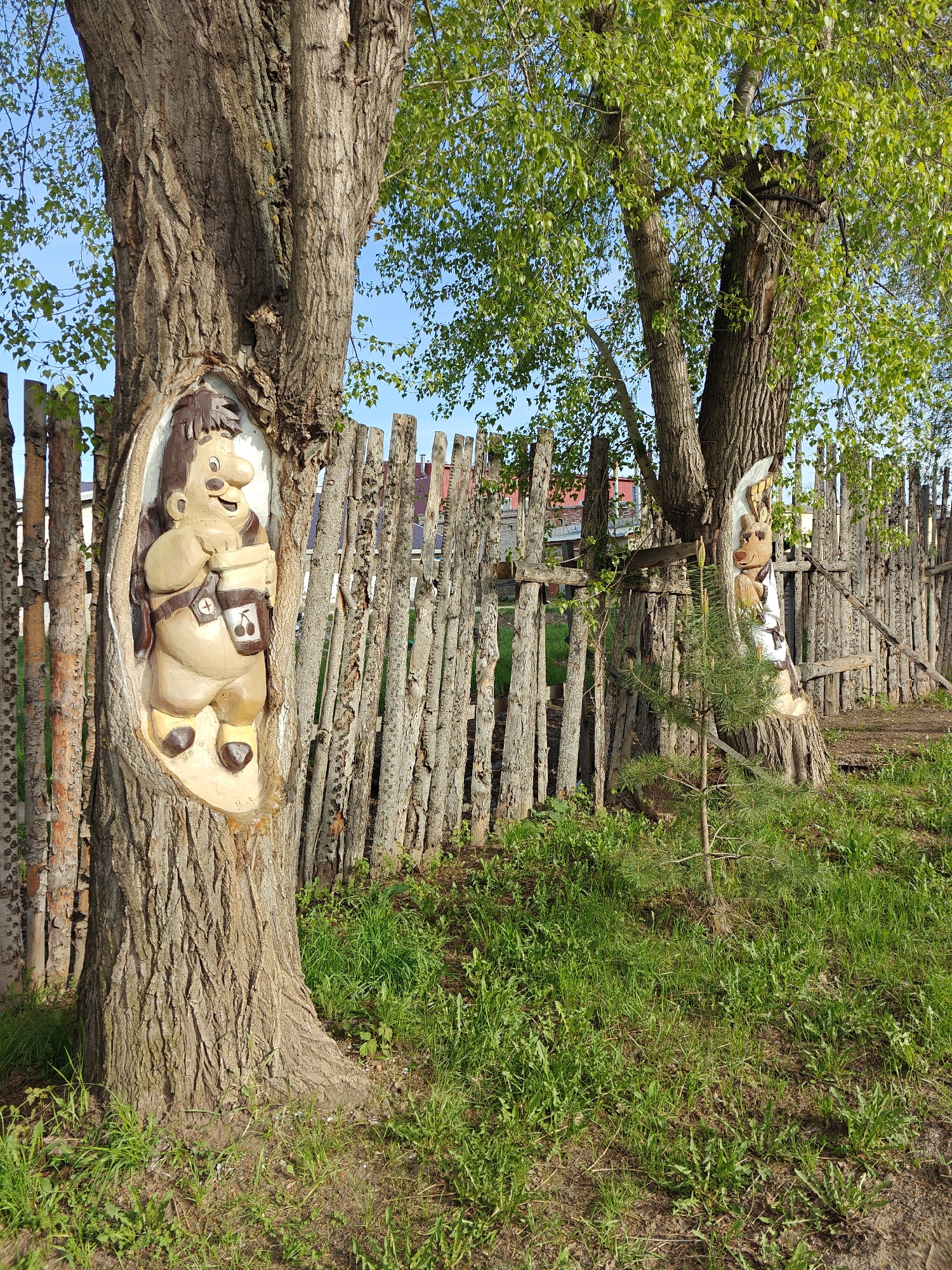 The image depicts two trees with carved figures in their trunks, located in Chaikovsky, Russia. The first tree on the left features a carving of a cartoon-like boy holding a jar or container. The second tree, to the right, showcases a carving of a cartoon-like deer, also holding a satchel. Both trees are positioned adjacent to a weathered wooden fence that runs across the background. Green grass covers the ground beneath and around the trees. Further in the background, glimpses of buildings with red roofs are visible through the fence. The sky above is light blue with green leaves visible from the trees behind and on top of the fence.
