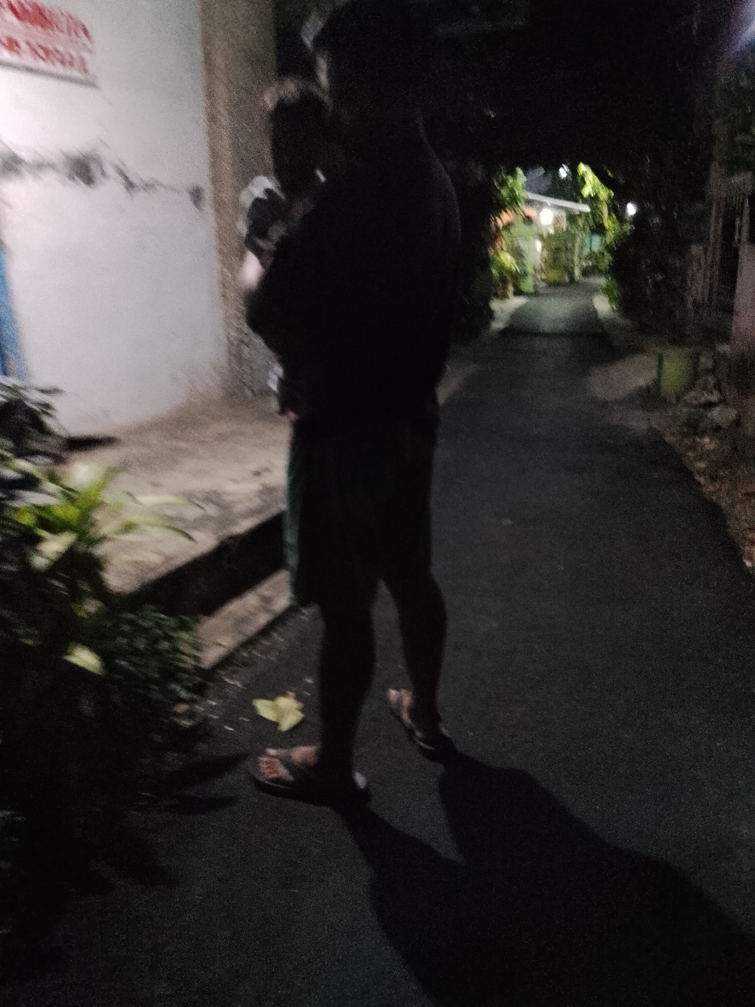 A full-body, low-light, medium shot captures a person walking on a paved path in a residential area of Kecamatan Pati, Indonesia. The person, dressed in dark clothing and sandals, is holding a baby. The background features a wall on the left and a pathway lined with dense foliage and a building with lights on the right. The lighting suggests it is nighttime, casting a long shadow of the person on the path.