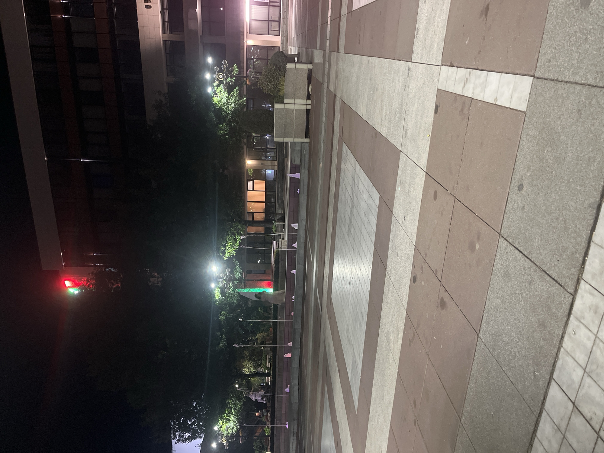 The image shows a nighttime scene of a public square in Blagoevgrad, Bulgaria. The foreground consists of a pedestrian area paved with alternating light and dark-colored stones. The paving leads towards the center of the frame, where a row of small fountains with white water sprays is visible. Beyond the fountains is a water feature illuminated with red and green lights. Trees and streetlights are seen on the left side of the image, with a building behind them. Another building is visible in the background. The image is slightly tilted. No people are clearly visible in the image.