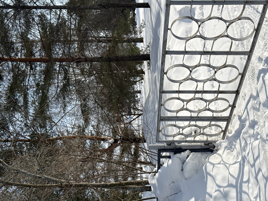The image displays a snow-covered wooded area in Chaikovsky, Russia, under bright sunlight. In the foreground, a light-colored metal gate, featuring a pattern of interconnected circles within a rectangular frame, is partially open. The gate is hinged on the left side, where a large pile of snow accumulates against its support post. Footprints are visible in the deep snow on the ground immediately in front of and extending through the gate opening. Beyond the gate, the landscape is covered in extensive, undulating snowdrifts. The midground and background consist of a mixed forest with both bare deciduous trees and tall coniferous pine trees with visible green needles. Long, sharp shadows from the gate and tree branches are cast across the sunlit snow. No individuals are present in the scene.