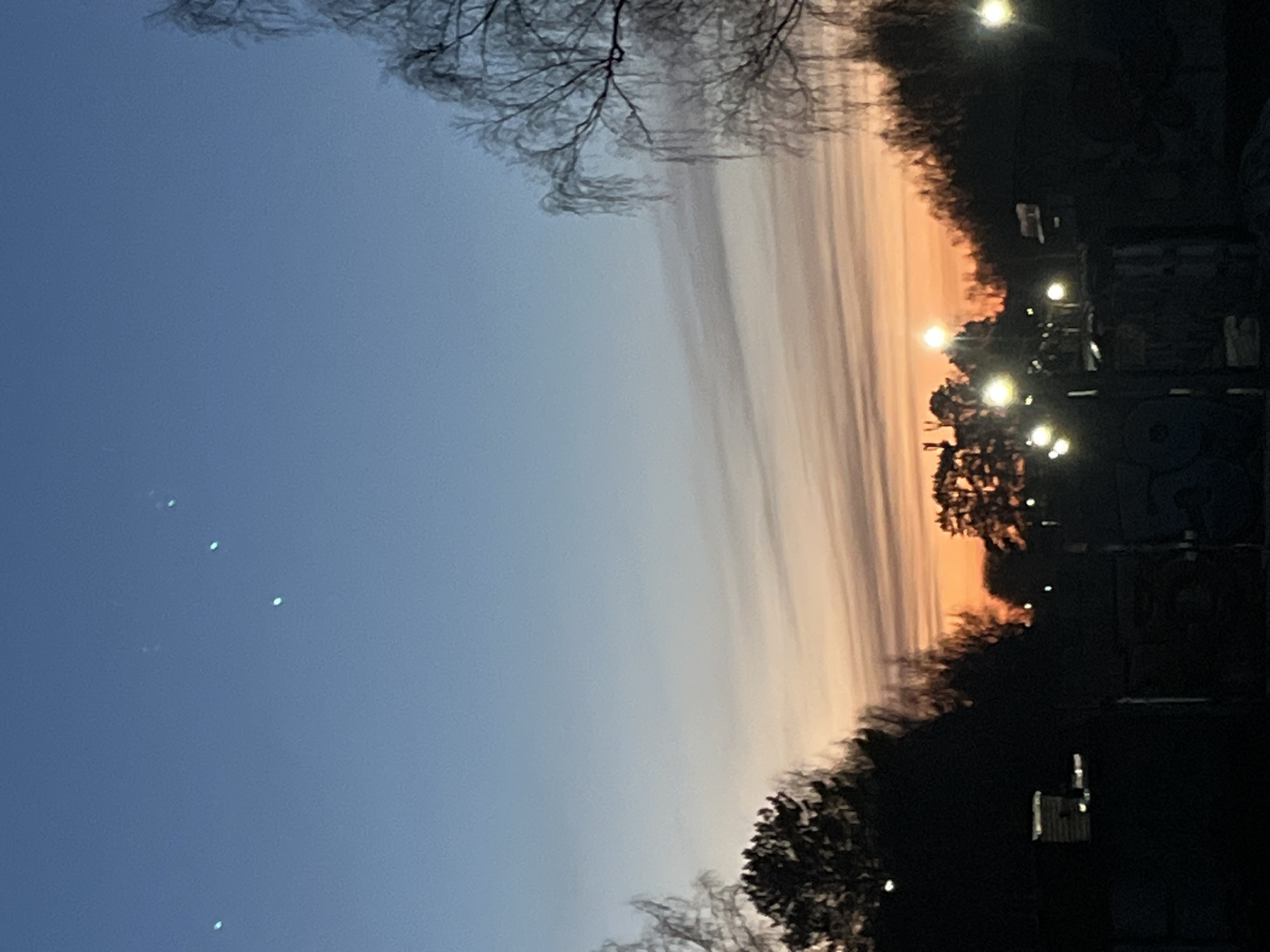 The image depicts a dusk scene in Chaikovsky, Russia. The sky transitions from a blue on the left side to a golden-orange hue on the right. The horizon is obscured by silhouetted trees and streetlights. The presence of streetlights suggests an urban environment. The top left corner has a barren tree branch. A line of five dots are visible in the sky.