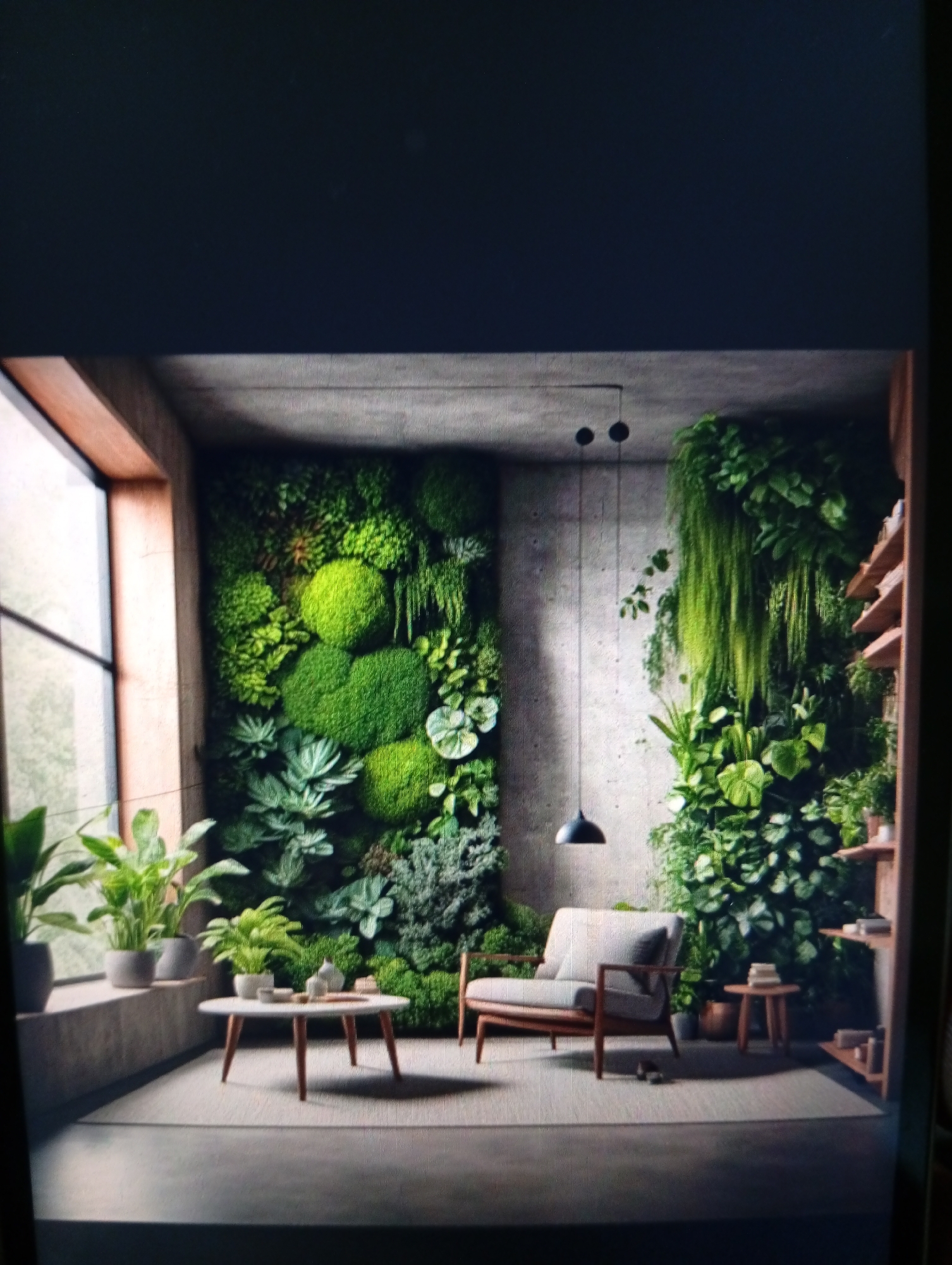 The image depicts an indoor living space with a strong emphasis on greenery. A prominent feature is a large wall covered in various types of plants, creating a vertical garden effect. There's a window with natural light entering the room, and potted plants are placed near it. A modern armchair sits near a small, round table, suggesting a seating area. A minimalist pendant light hangs from the ceiling. Another wall is adorned with more plants and some shelving. There are no visible people. The setting appears to be a design rendering or photograph of an interior design concept. The location, Dutsen Alhaji, Nigeria, is not readily evident from the image itself. The interior design suggests a modern, nature-inspired aesthetic.
