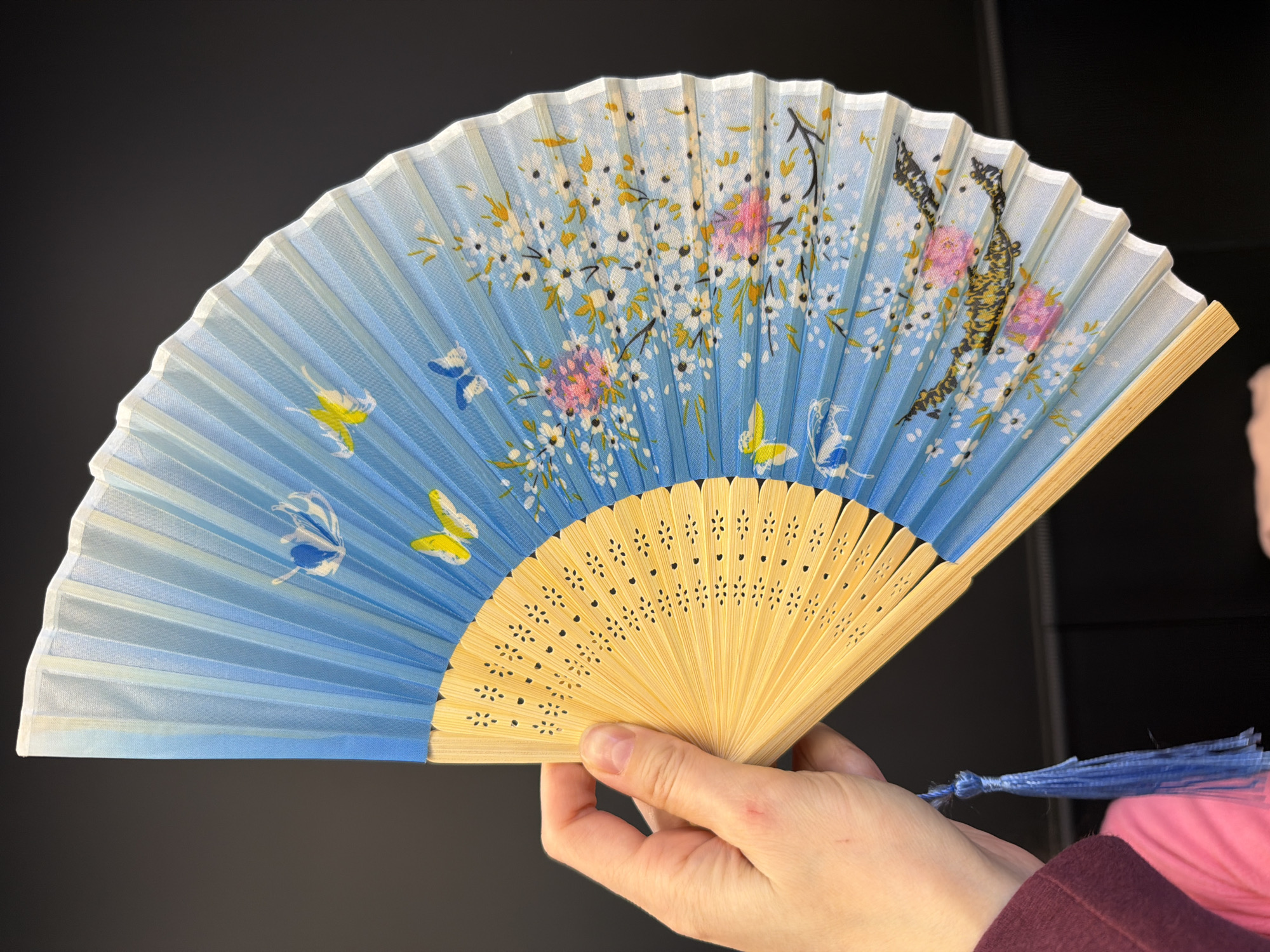 A close-up shot captures a person's hand holding an open folding fan against a plain dark background, likely in Izhevsk, Russia. The fan, the central subject, features a pale blue, translucent fabric adorned with a vibrant nature scene. White and pink cherry blossoms on dark branches are painted across the fan's surface, complemented by several yellow and blue butterflies scattered among the foliage. The fabric is pleated, creating a subtle textured effect.
The fan's handle is made of light-colored wood, possibly bamboo, with delicate laser-cut designs featuring small, repeating star-like or floral patterns on its ribs. A small blue tassel is tied to the base of the wooden handle, adding a decorative touch. The hand holding the fan is light-skinned, with visible fingernails, and a dark red or maroon sleeve is partially visible on the right side of the frame. The focus is sharp on the fan and hand, highlighting the intricate details of the fan's design. There is no visible text in the image.