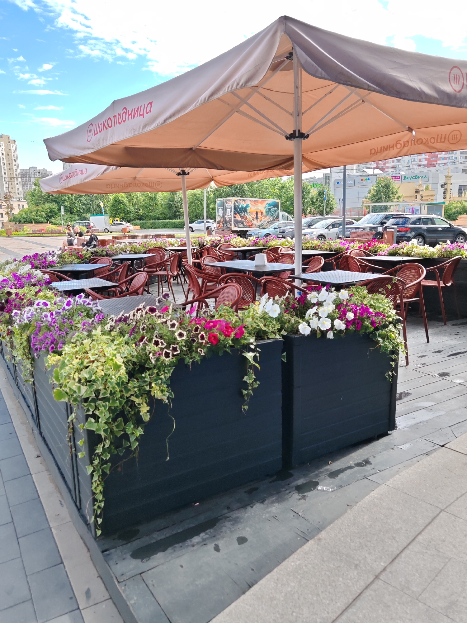 This is a medium shot of an outdoor cafe seating area under large beige umbrellas. The cafe is decorated with numerous planters filled with vibrant pink, purple, and white flowers, and trailing green ivy. The tables are dark, and the chairs are made of dark red wicker. In the background, there are cars parked, buildings, and trees, suggesting an urban setting. The sky is blue with some scattered clouds, indicating it is daytime, likely late morning or early afternoon, and the weather is pleasant.
The scene appears to be peaceful and inviting, with no people clearly visible in the immediate seating area, though a few figures are present further back on benches in the background. The overall impression is one of a relaxed outdoor dining or cafe experience.
The umbrellas have text printed on them. One umbrella has a pink logo and text that appears to read "@Шоколадница" (@Shokoladnitsa). Another umbrella, visible beneath the first, also has this text mirrored. This suggests the cafe is part of a chain named "Shokoladnitsa," which is a Russian brand. Other text is visible in the background on buildings, including "ВкусВилл" (VkusVill), which is another Russian retailer.