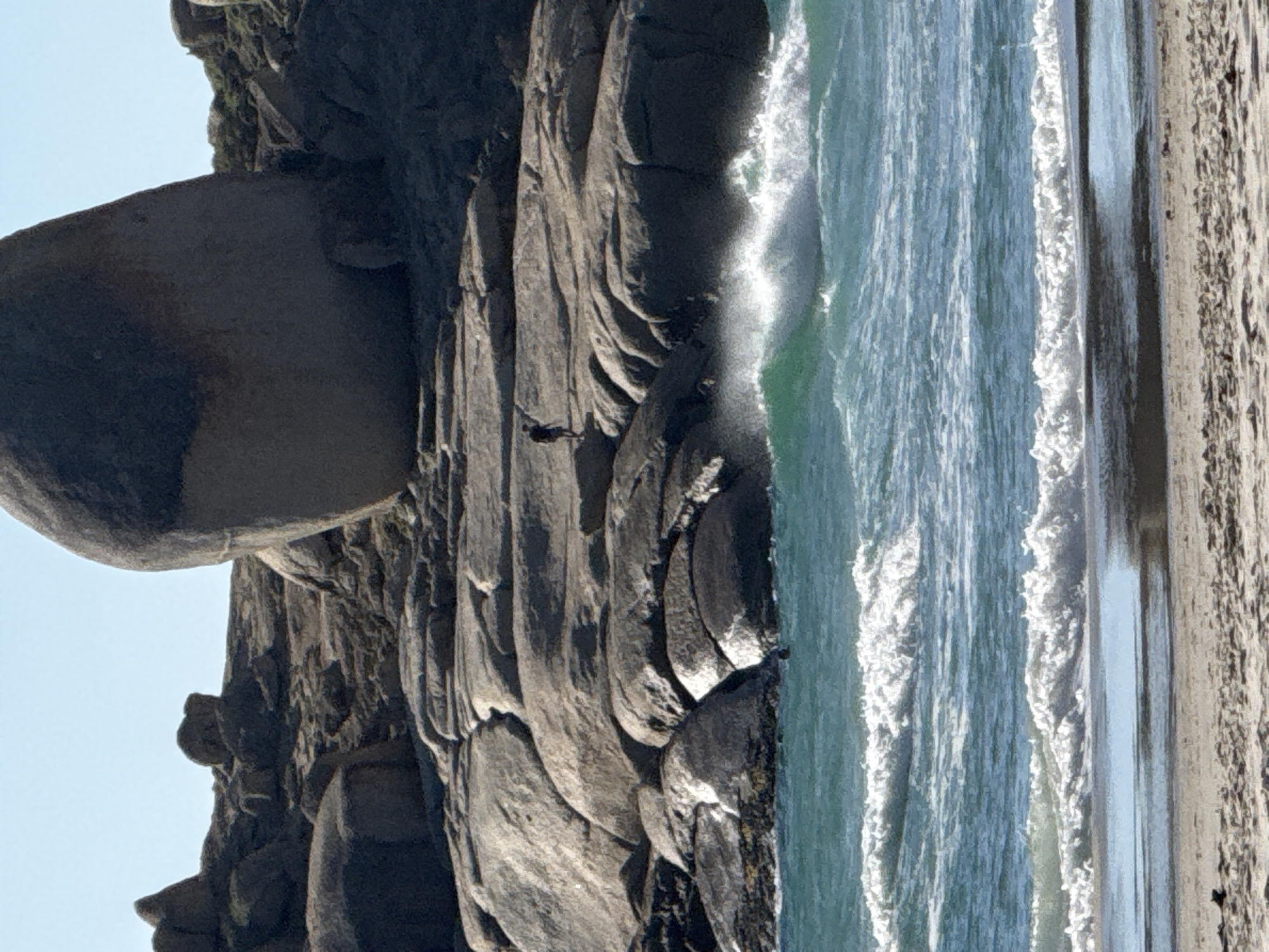 The image, taken in Hout Bay, South Africa, captures a rugged coastal landscape under bright daylight. A massive, dark rock formation dominates the left side, featuring a large, smooth, rounded boulder-like structure at its upper left, extending downwards into a textured cliff face. The rock exhibits deep fissures and layers, suggesting natural erosion over time.
To the right, the cliff face meets the ocean, which displays varying shades of blue and green, indicating depth variations. Waves are breaking, creating dynamic lines of white foam along the shoreline. A narrow strip of sandy beach is visible on the far right, wet from the receding tide.
A notable detail is a small human figure, clearly visible in one of the provided crops, rappelling or abseiling down the textured rock face towards the water, providing a sense of scale and adventure. The sky is clear and light blue, indicating fair weather and bright sunshine, which casts strong highlights on the water and rocks. There is no visible text in the image.