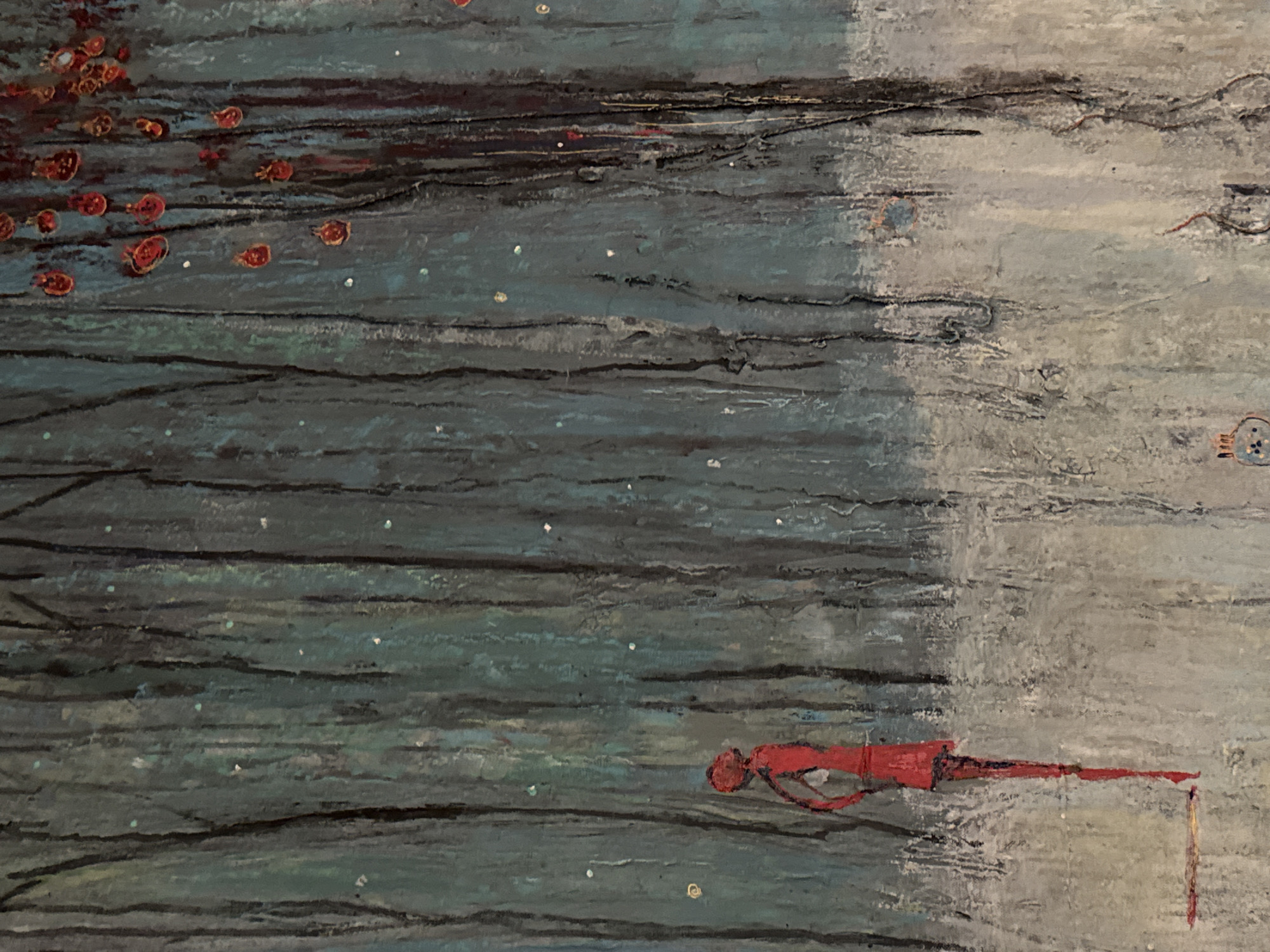 The image appears to be a painting or artwork depicting a scene with a horizontal, layered aesthetic. The left side is dominated by dark, horizontal strokes, possibly representing a body of water with some red and white dots, possibly representing small organisms or elements. On the right side, the colors shift to lighter grays and whites, possibly signifying a different environment or texture. A red human figure with a long red line stemming out is in the bottom right. The specific location in the city of Meljine, Montenegro, is not identifiable from the image alone.