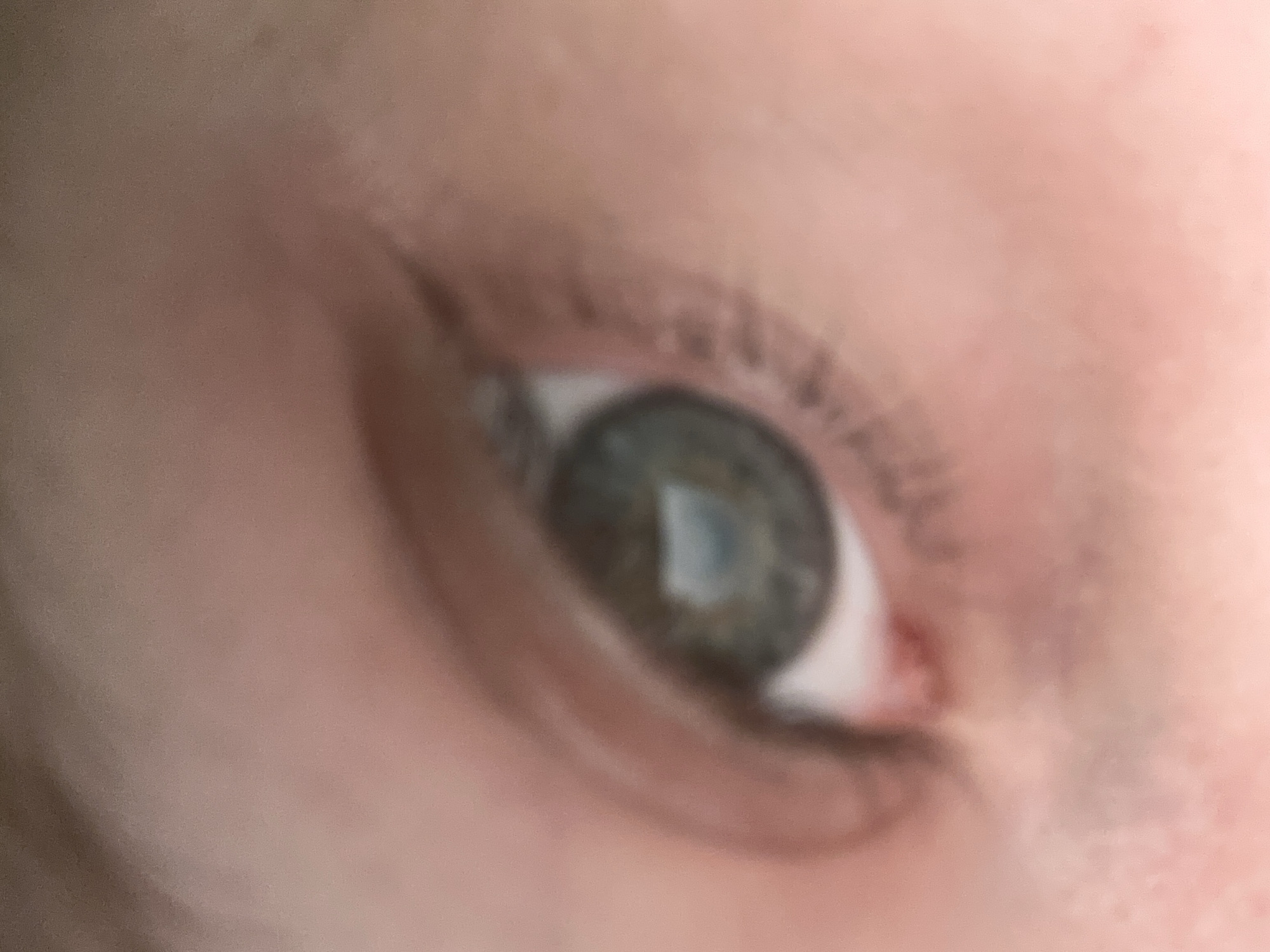 An eye of an individual. The iris appears to be a shade of green with some blue or gray tones. A bright, white reflection is visible in the center of the pupil. The skin surrounding the eye is light in color, and eyelashes are present. There is a slight redness in the corner of the eye. There is no indication of the image location being Moscow, Russia.