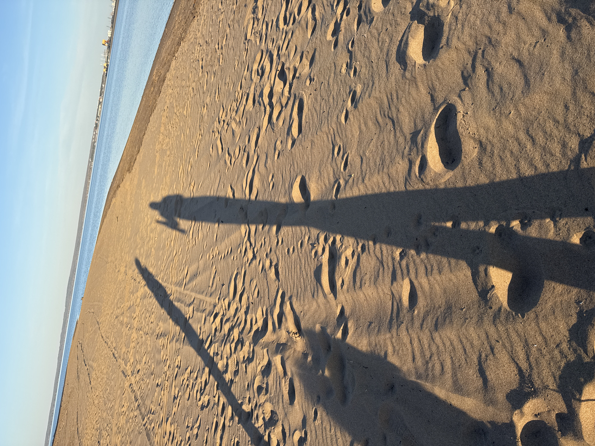 A beach scene at Noviy, Russia, with light-colored sand showing numerous footprints and textured patterns. A long shadow of a person is cast across the sand, stretching diagonally from left to right. In the background, a body of water (likely a sea or lake) meets the shoreline, with a glimpse of the distant cityscape of Noviy visible on the horizon under a blue sky. The scene appears to be captured during golden hour, as indicated by the angle and warmth of the light.