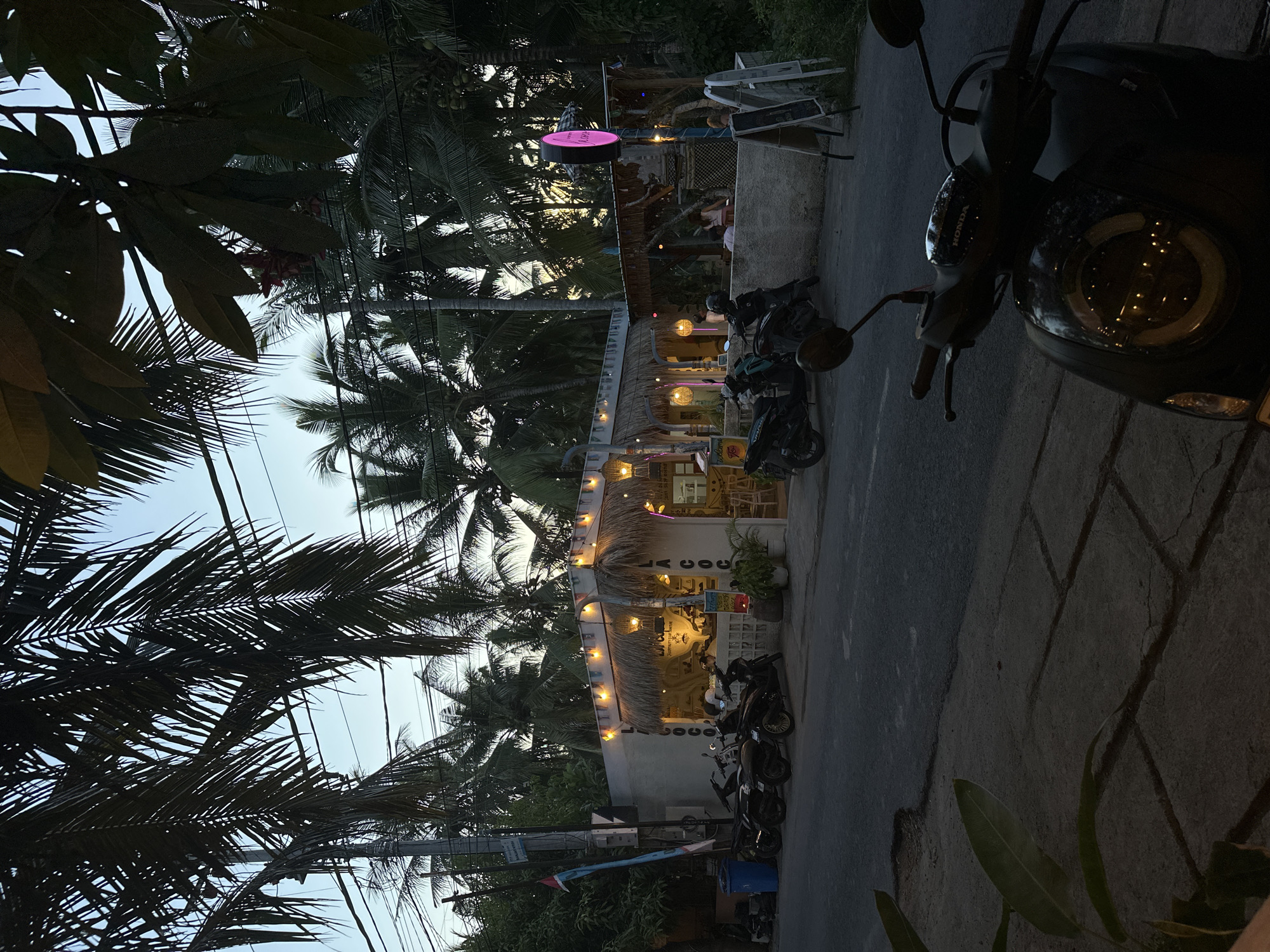 The image shows a street scene in Nusa Penida, Indonesia, at dusk. A small restaurant with a thatched roof and string lights is visible. Several motorbikes are parked in front of the establishment. Palm trees line the street. A pink circular sign can be seen further down the road. A motorbike is prominently displayed in the foreground. Overhead power lines are visible against the sky.
