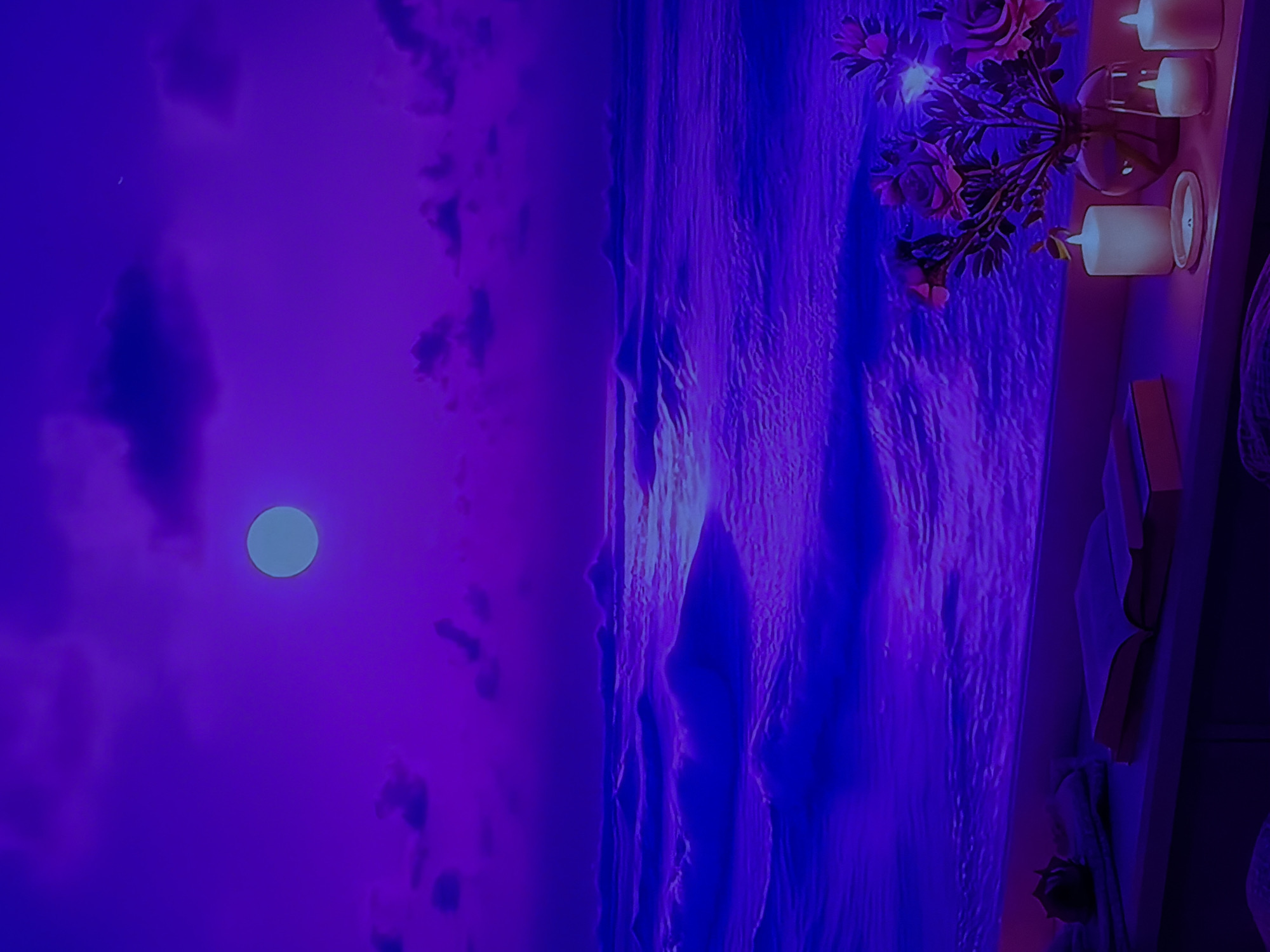 The image displays a tranquil night scene, blending an outdoor view with an intimate interior setting, all bathed in dominant purple and blue hues. The perspective suggests a view from a window or balcony overlooking a vast expanse.
On the left side of the frame, a bright, circular moon is prominent against a deep purple sky. Scattered clouds, rendered in darker shades of purple, drift across the celestial expanse.
The central part of the image features a large body of water, likely a sea or ocean, extending horizontally. Its surface is textured with visible ripples and waves, reflecting the pervasive purple and blue light, creating a sense of depth and movement.
To the right, an interior element is visible: a shelf or windowsill adorned with decorative objects. A vase holds a bouquet of roses, some with visible petals appearing in muted pinks and reds. Multiple candles are placed on the shelf; at least three are lit, emitting a warm, soft glow that provides a striking contrast to the cool, dominant colors of the outdoor environment. Below these items, a stack of books and a folded textile (possibly a blanket or throw) are discernable.
The overall atmosphere is serene and contemplative, suggesting a peaceful evening in Sofiivska Borshchahivka, Ukraine. There is no visible text in the image.