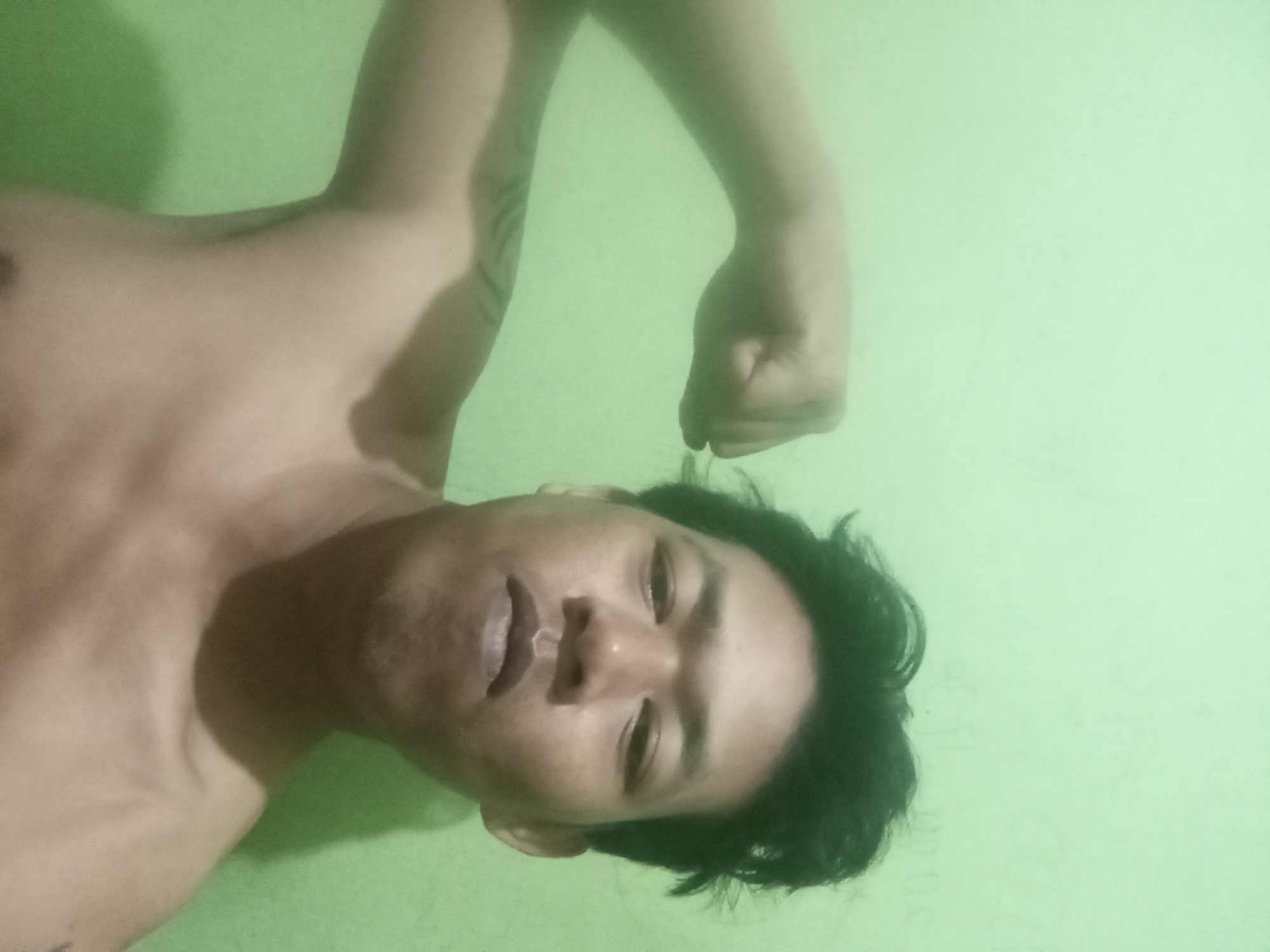 The image is a medium shot of a man with dark hair and medium skin tone, posing shirtless in front of a light green wall. He is flexing his left bicep. A tattoo is visible on his left upper arm. The background is a plain, solid light green wall, with some faint, out-of-focus writing or marks on it. There is no indication of the city of Pagar Alam, Indonesia, or any specific urban setting.