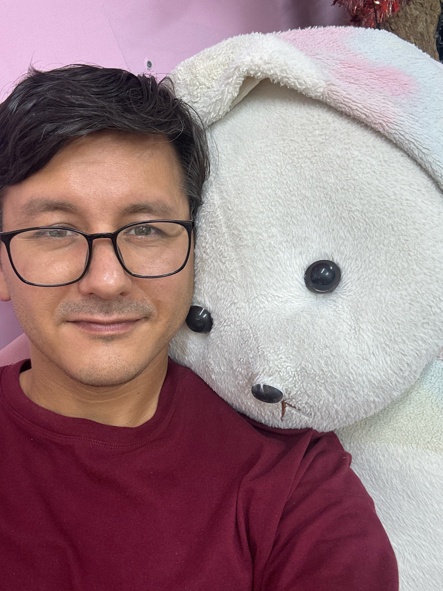 In a close-up, waist-up selfie, a man with dark hair and glasses smiles, resting his head against a large white stuffed bunny. The bunny's ear has pink accents, and it has dark button eyes and a dark nose. The man wears a maroon sweatshirt. The background is a pink wall. The image was taken indoors.