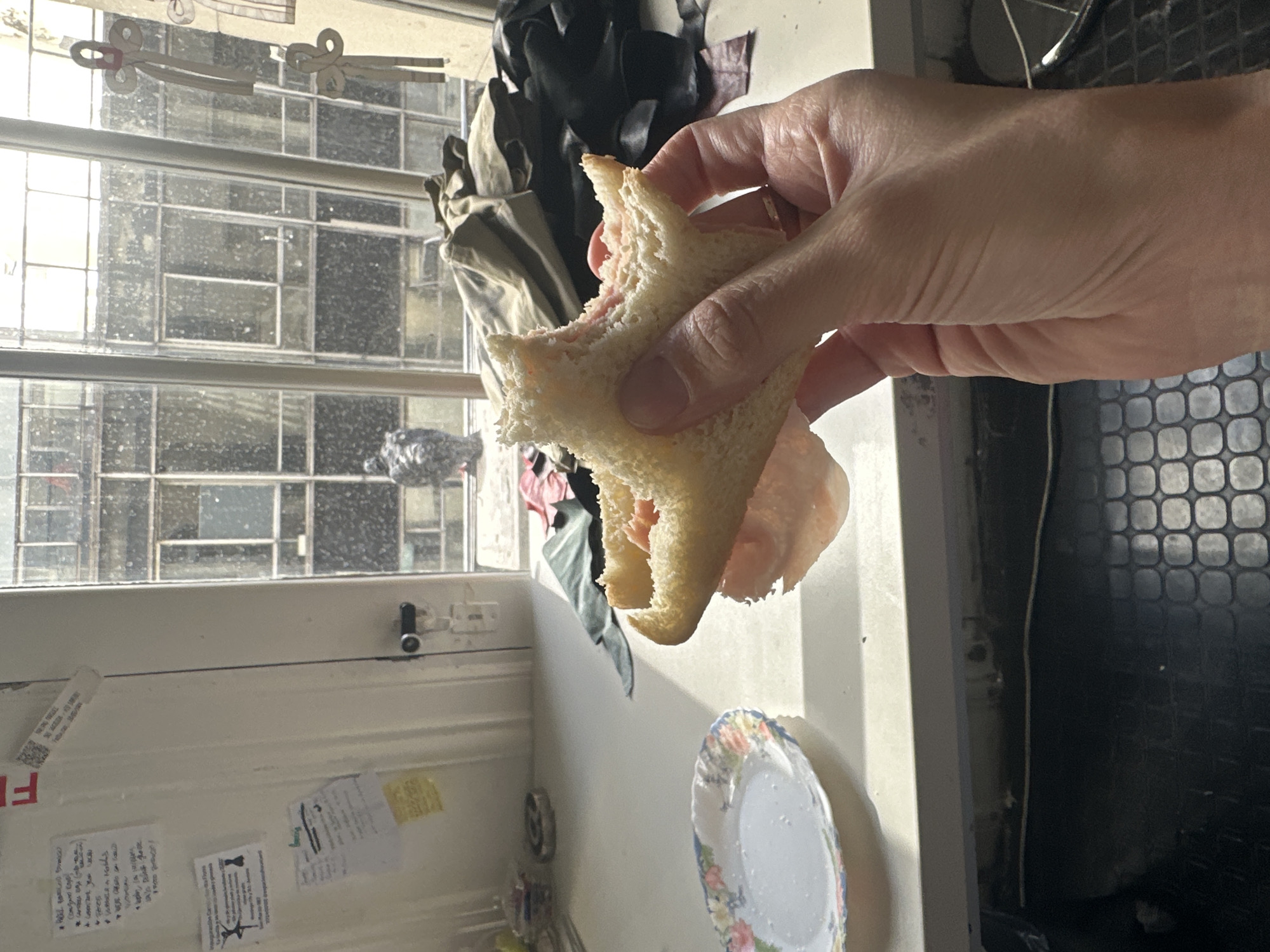 The image shows a person holding a partially eaten sandwich in their hand. The sandwich appears to contain bread and some kind of meat filling. In the background, there is a multi-paned window with a view of what seems to be an urban area. There is a pile of clothes visible as well. On the surface beneath the sandwich, there's a floral-patterned plate and some papers pinned to the wall. Based on the architecture visible through the window, it may be located in Buenos Aires, Argentina.