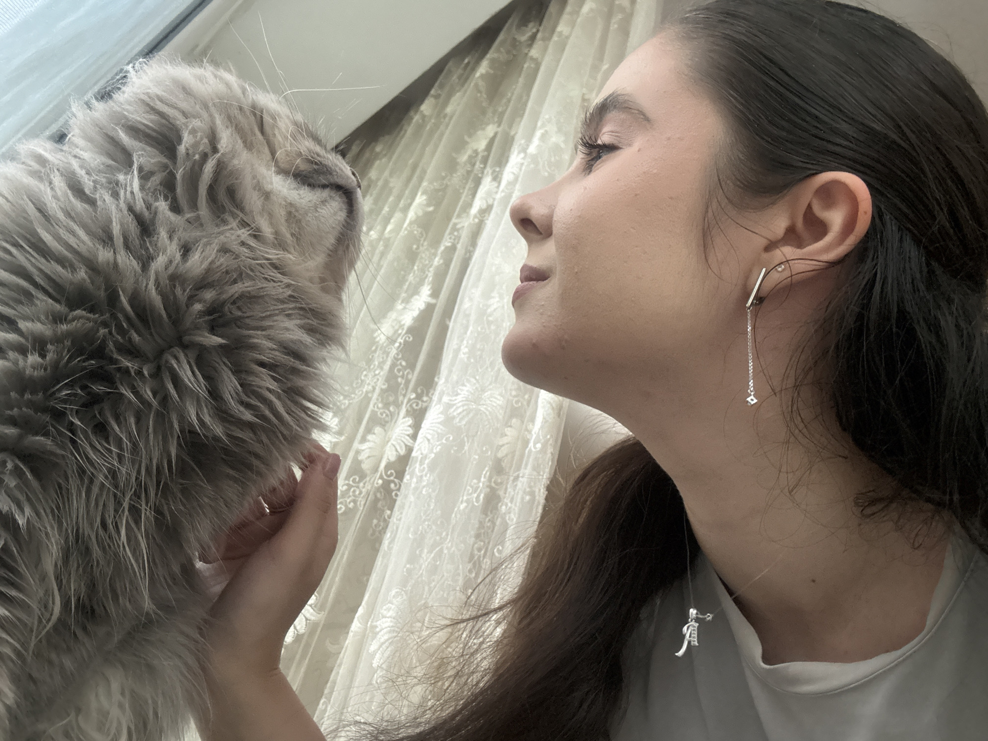 The image shows a close-up of a young woman and a fluffy gray cat. The woman is looking at the cat, and her hand is gently touching its head. She is wearing a silver earring and a necklace. The cat appears to be looking up at the woman. The background consists of a window with sheer curtains. The scene appears to be indoors, possibly in a home. There is no information in the image to suggest the location is the city of Luhansk, Ukraine.