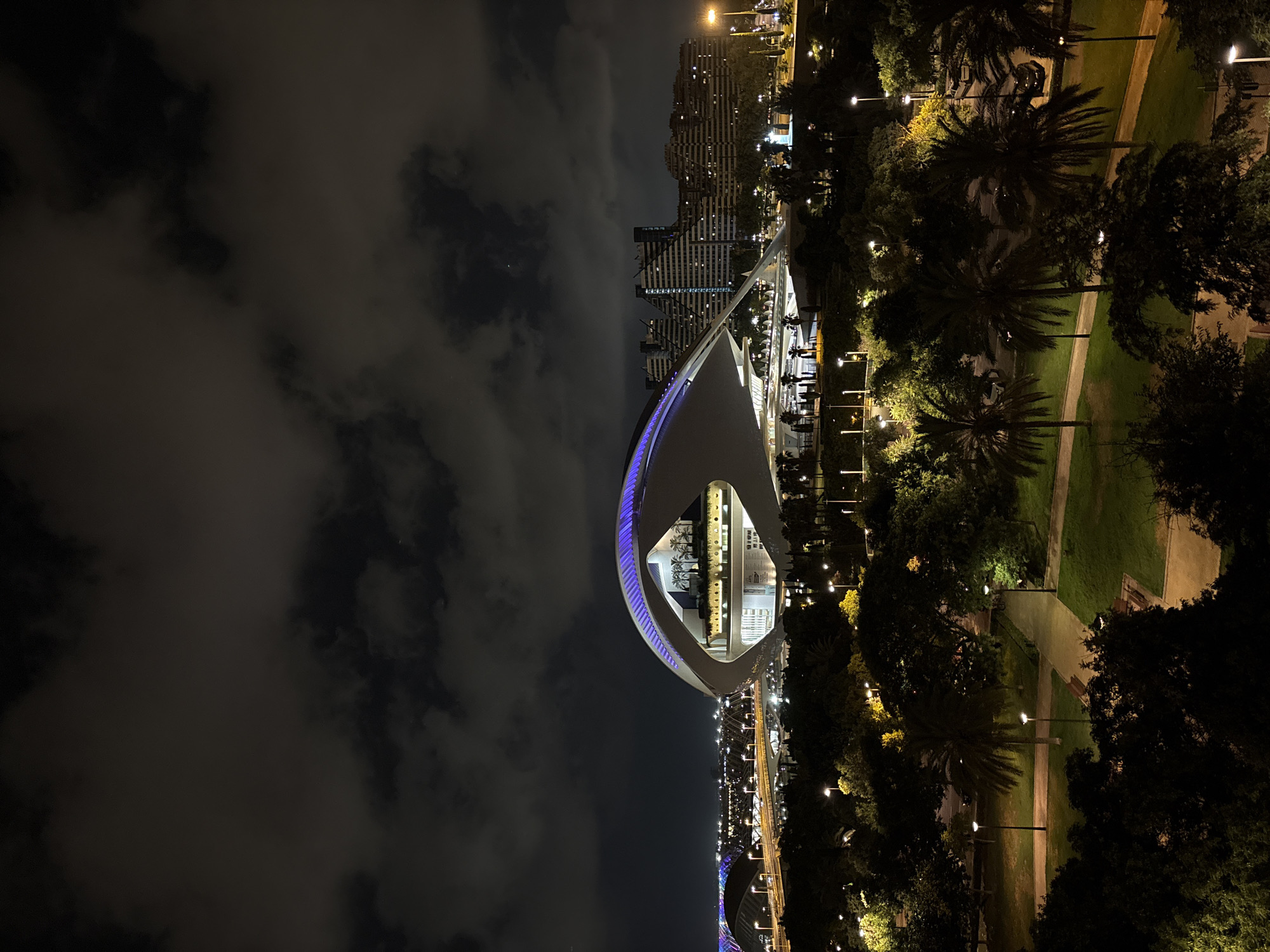 This is a night time, vertical, outdoor, long shot photograph taken from an elevated viewpoint overlooking the City of Arts and Sciences in València, Spain. The sky above is dark with some scattered clouds illuminated by ambient light. In the foreground, a park area is visible with manicured green grass, winding pathways, benches, and numerous trees, including palm trees. Streetlights are scattered throughout the park, casting pools of light.
The main architectural subject is the Palau de les Arts Reina Sofía, a striking, modern performing arts center. It is characterized by its distinctive, eye-shaped design, with a white, curved roof structure that is illuminated with vibrant blue lighting along its edge. The building is multi-leveled, with visible windows and interior lighting suggesting activity within.
In the background, a complex of apartment buildings with a stepped, geometric facade can be seen. These buildings are also illuminated with numerous points of light from their windows. Further in the distance, bridges and roads are visible, with strings of lights indicating traffic and urban infrastructure. The overall impression is of a modern, architecturally significant urban landscape at night.