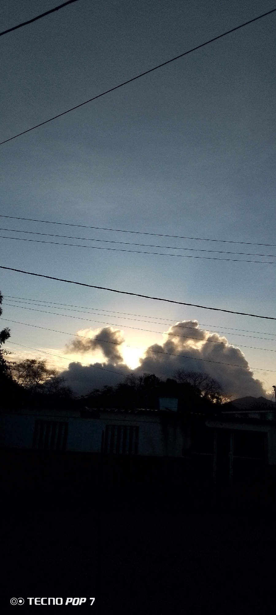 The image presents an outdoor scene dominated by a dramatic sky, likely captured during either sunrise or sunset in Altagracia, Venezuela. The upper portion of the frame features a clear, light blue sky that gradually brightens towards the horizon. The sun is positioned low, hidden behind a formation of dense, voluminous clouds, which are brightly backlit and outlined with a golden glow, creating striking silhouettes against the radiant light.
Several dark, thin utility lines or electrical wires stretch horizontally across the middle and upper parts of the sky, adding an urban or semi-rural element to the natural landscape. Below the horizon, the foreground and midground elements are rendered in deep silhouette due to the strong backlighting. These include the dark, irregular shapes of trees and foliage, some appearing dense and others with more sparse branches. Beneath the trees, the roofs and upper sections of several buildings or structures are visible as dark masses, suggesting a residential or built-up area.
The overall impression is one of natural beauty and tranquility, characteristic of the beginning or end of a day. In the bottom left corner of the image, the text "◎◎ TECNO POP 7" is clearly visible, indicating the camera or device used to take the photograph.