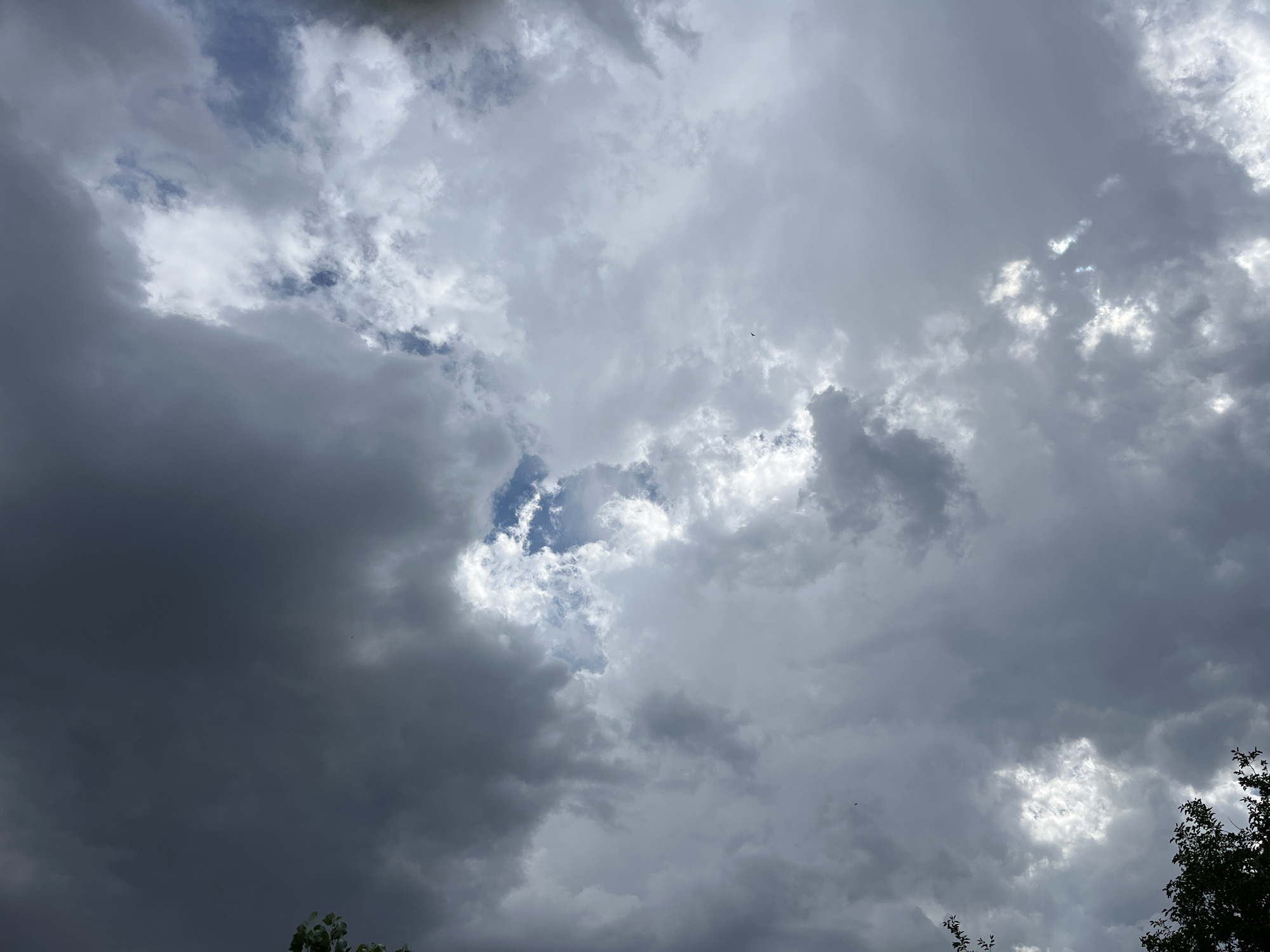 A dark, overcast sky dominates the scene, with heavy, grey clouds filling most of the frame. A small patch of bright blue sky is visible in the upper center, surrounded by lighter, thinner clouds. Towards the bottom of the image, the tops of dark green trees can be seen. The overall impression is of an impending storm or a recent downpour. The specific location in Krasnyye Barrikady, Russia, cannot be determined from the image alone.