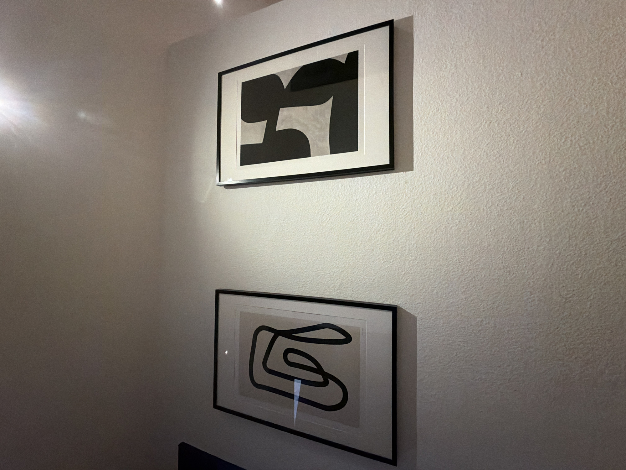 Two framed abstract artworks are hanging on a textured white wall. The artwork on the left features a single black line forming a continuous, winding shape on a beige background. The artwork on the right has a white mat and a black frame. Inside the mat are large, irregularly shaped black and light grey forms. The lighting in the scene is dim, with a bright light source visible in the upper portion of the image, casting reflections on the artwork. The scene appears to be an indoor setting, likely a home or gallery. There is no indication of the city of Strasbourg, France, in the image or its context.